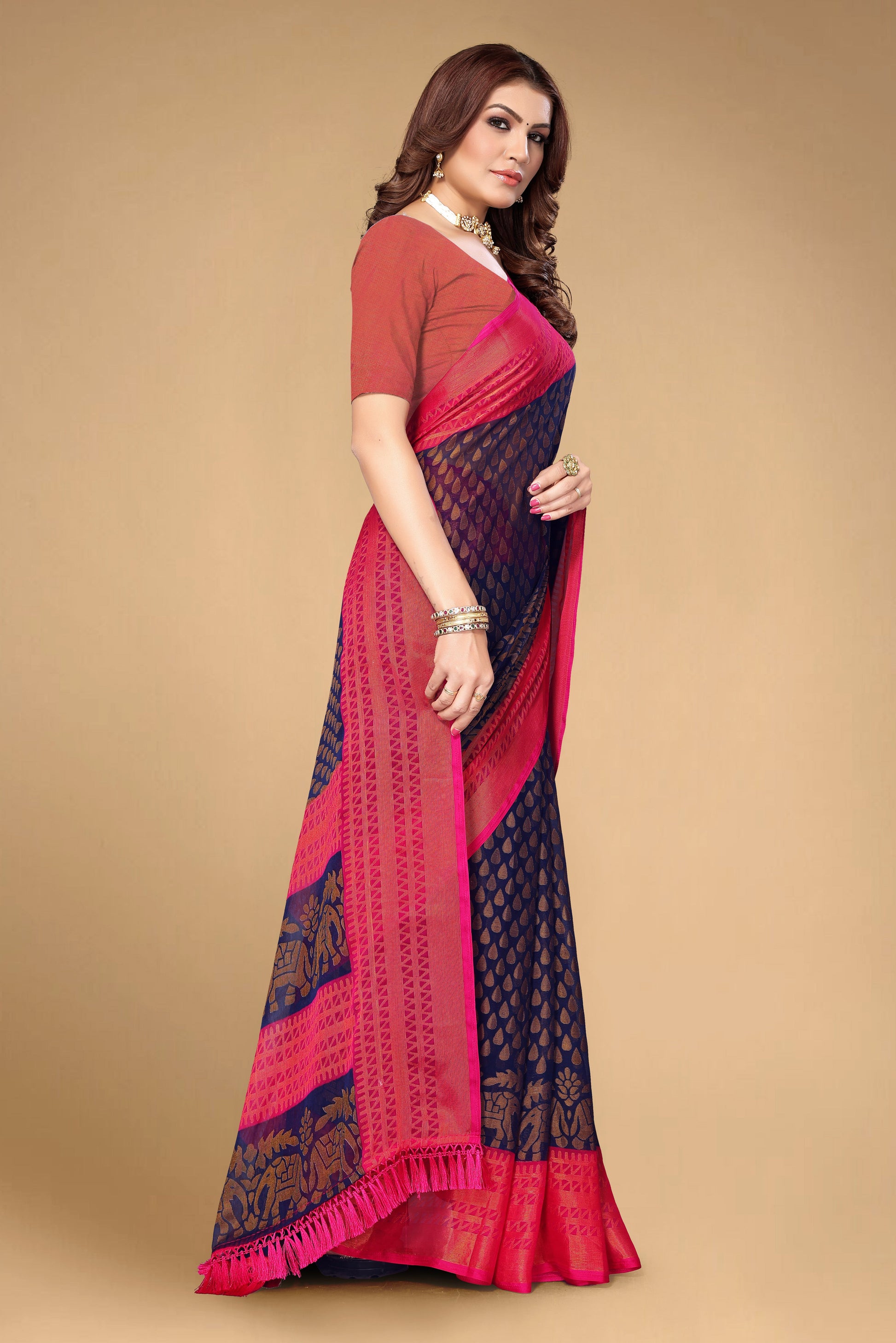 Chiffon Brasso Navy Blue Printed Saree with Blouse | Ivaara.