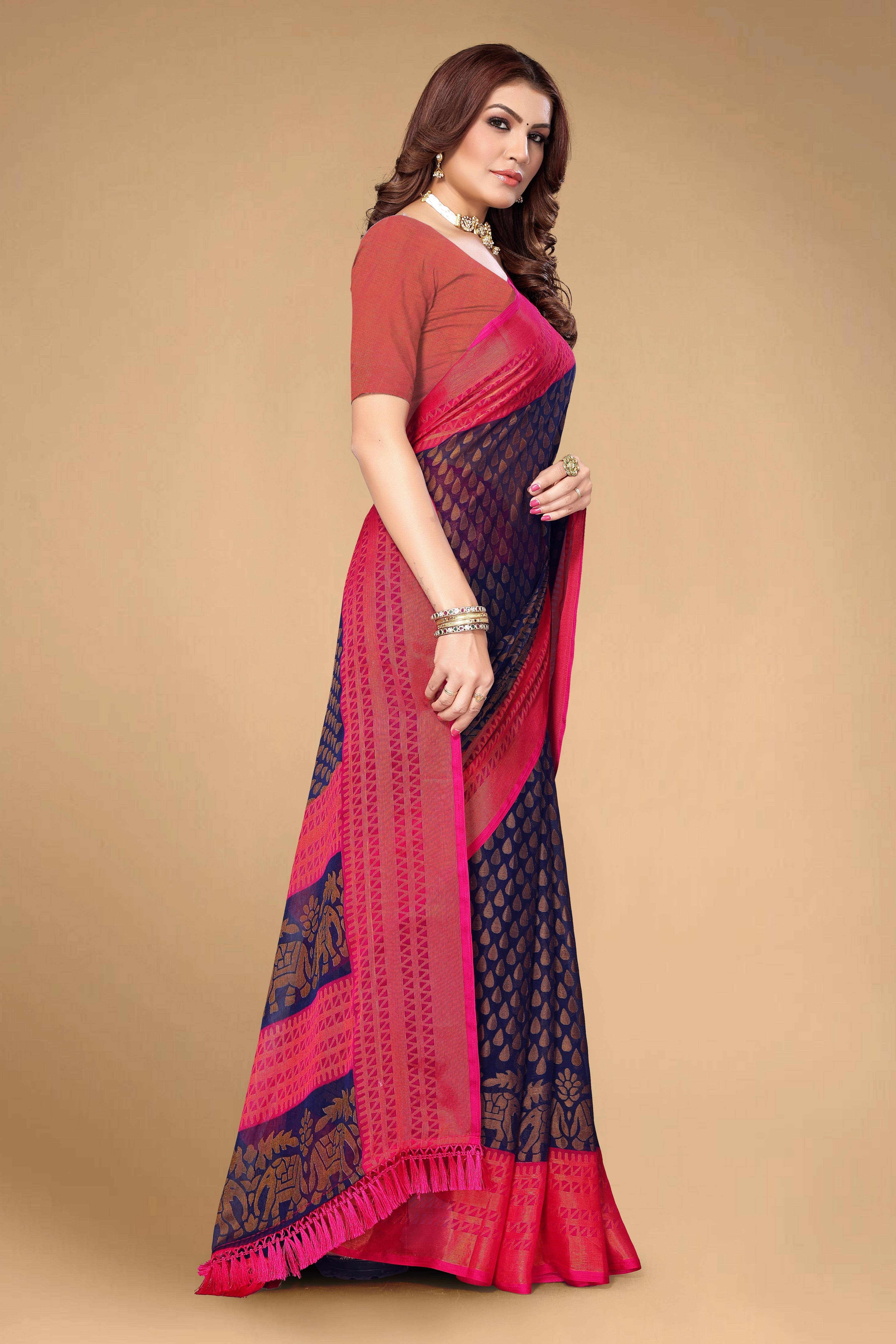 Chiffon Brasso Navy Blue Printed Saree with Blouse | Ivaara.