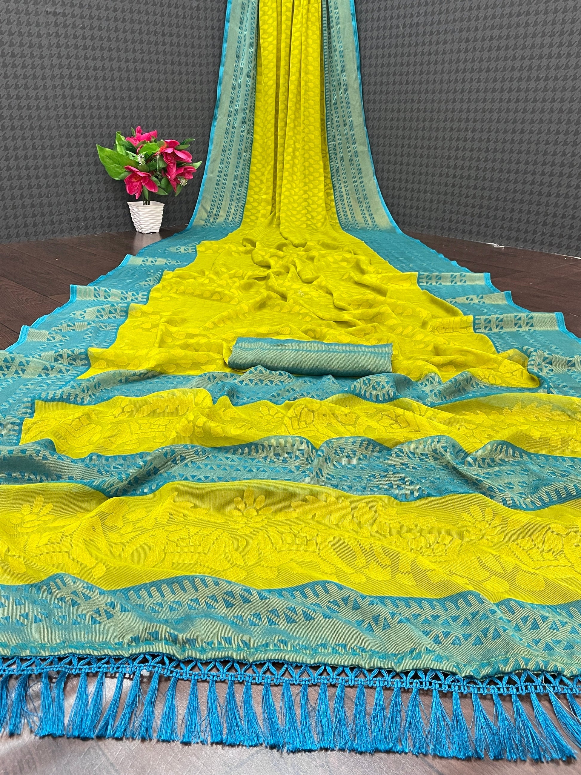 Chiffon Brasso Green Printed Saree with Blouse | Ivaara.