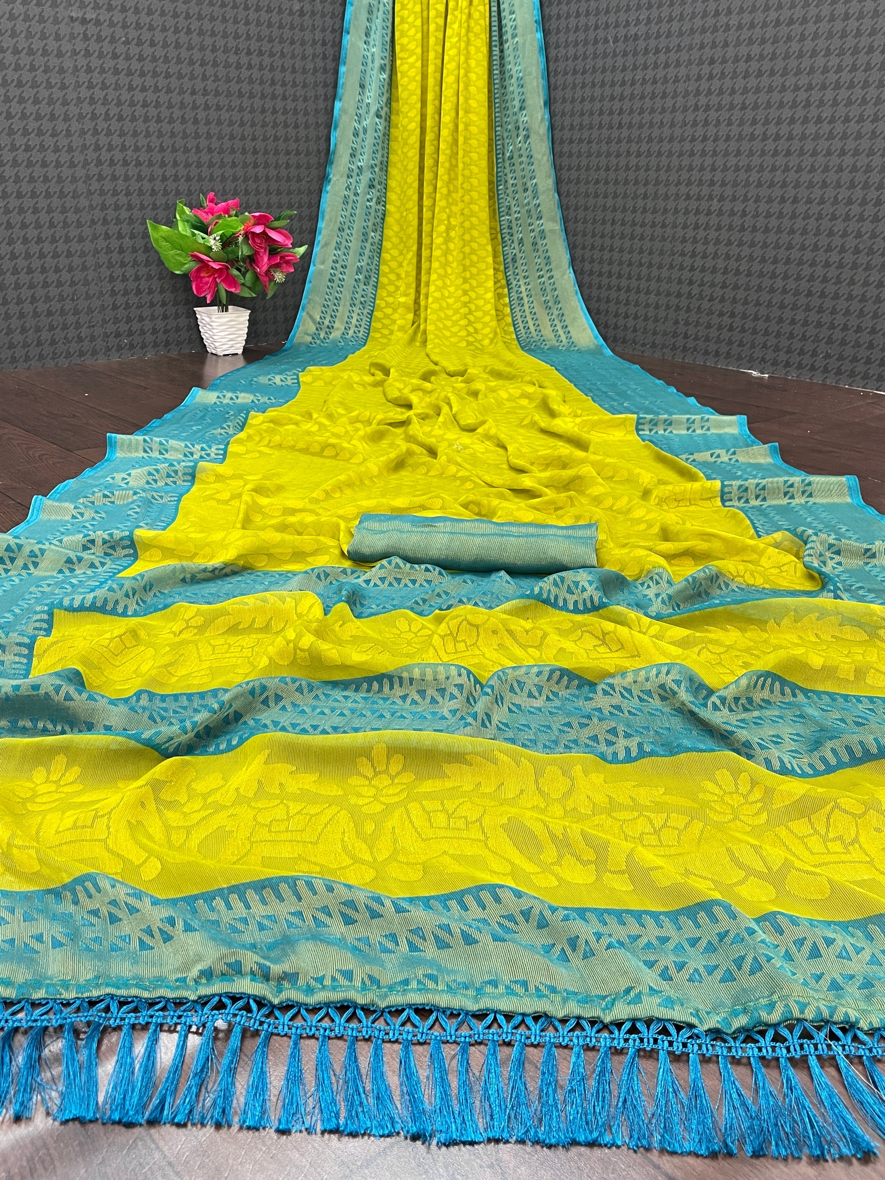 Chiffon Brasso Green Printed Saree with Blouse | Ivaara.