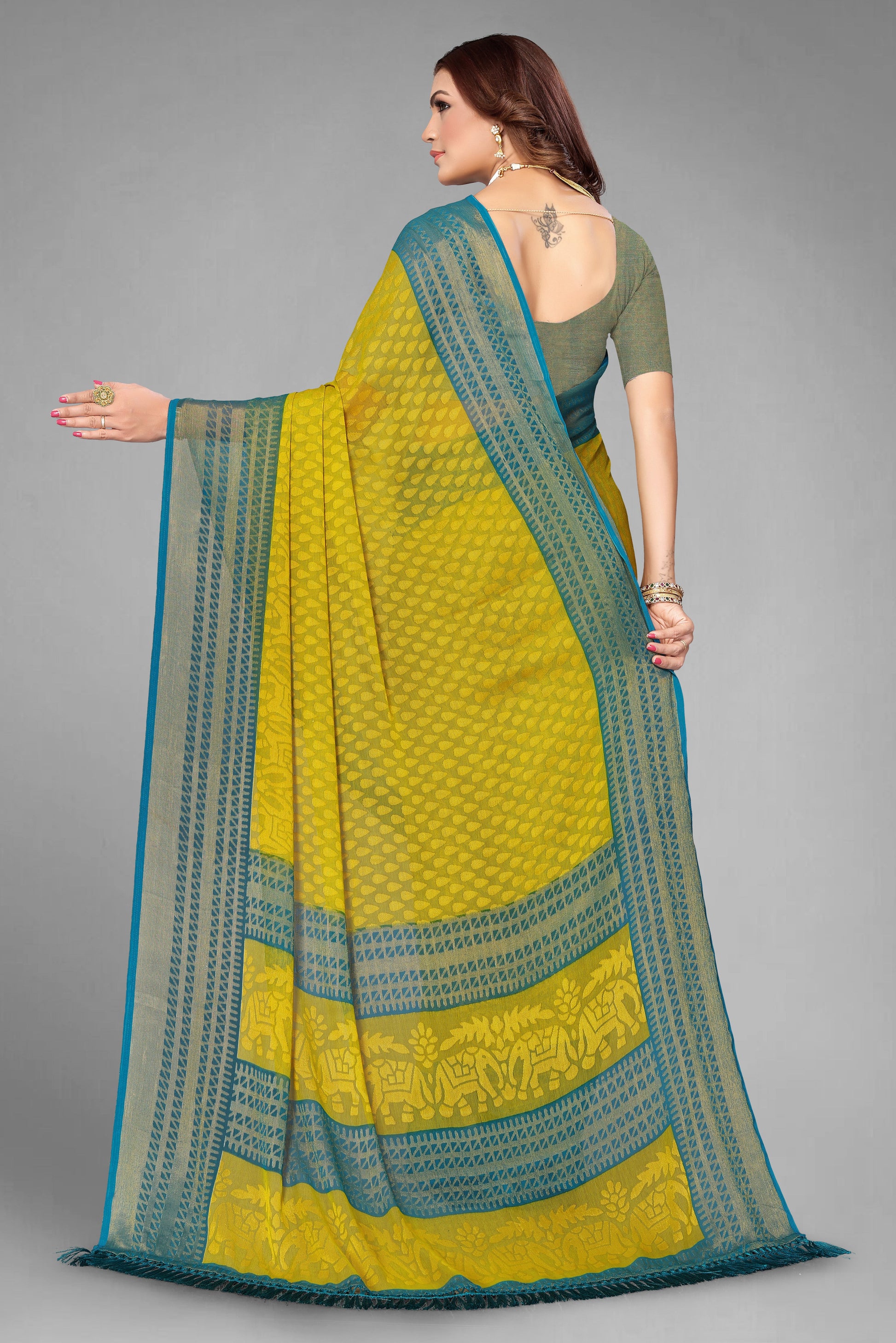 Chiffon Brasso Green Printed Saree with Blouse | Ivaara.