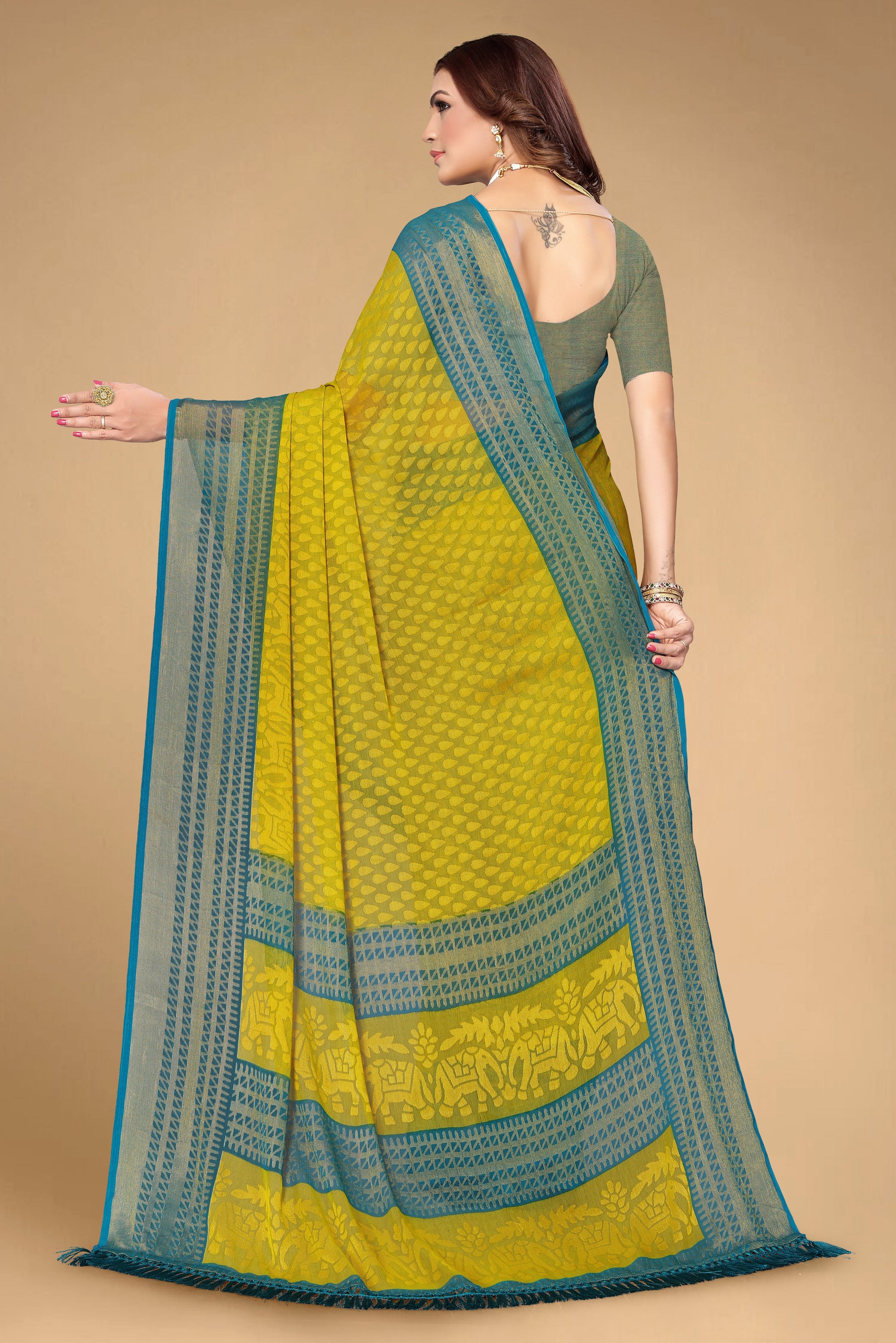 Chiffon Brasso Green Printed Saree with Blouse | Ivaara.