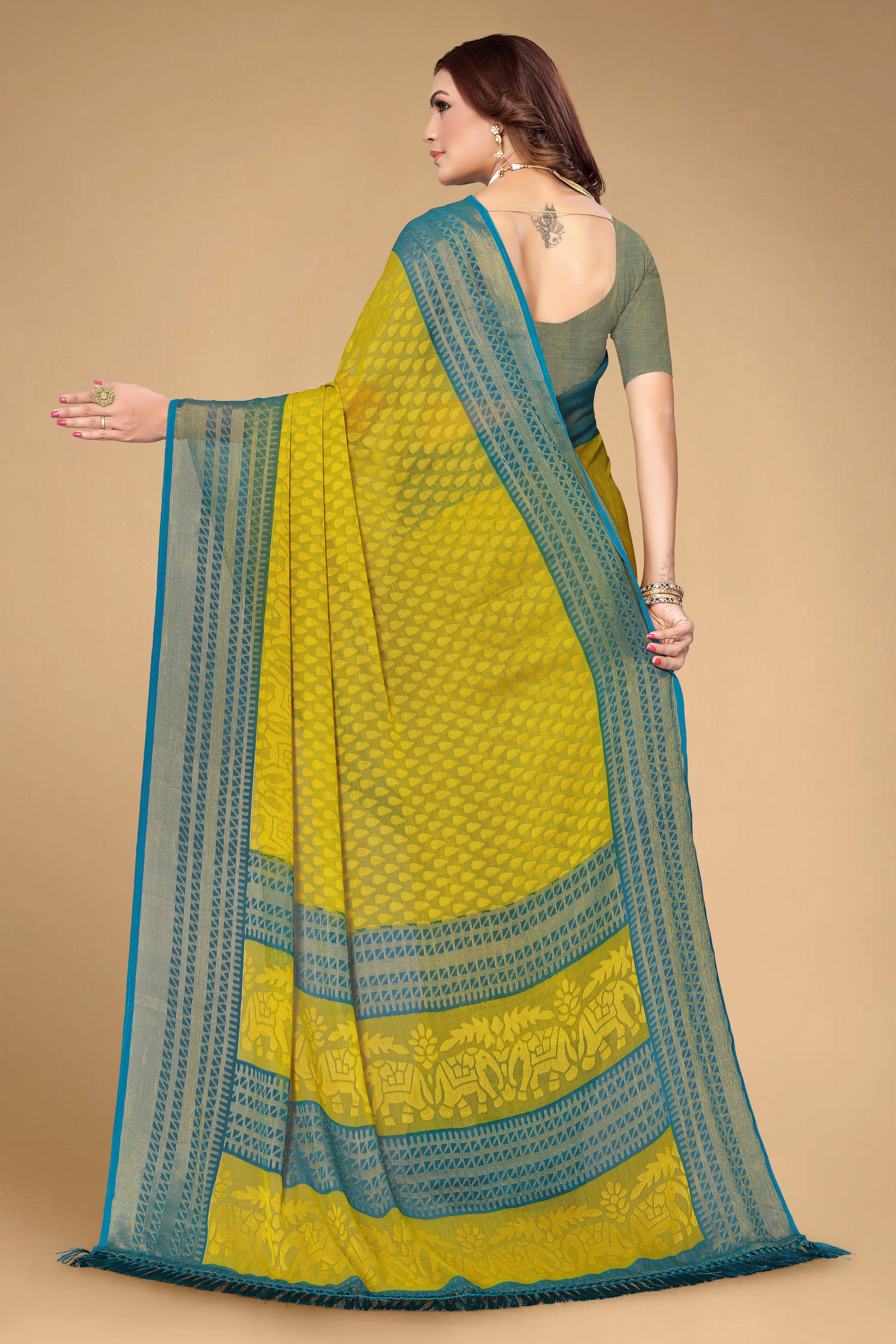 Chiffon Brasso Green Printed Saree with Blouse | Ivaara.