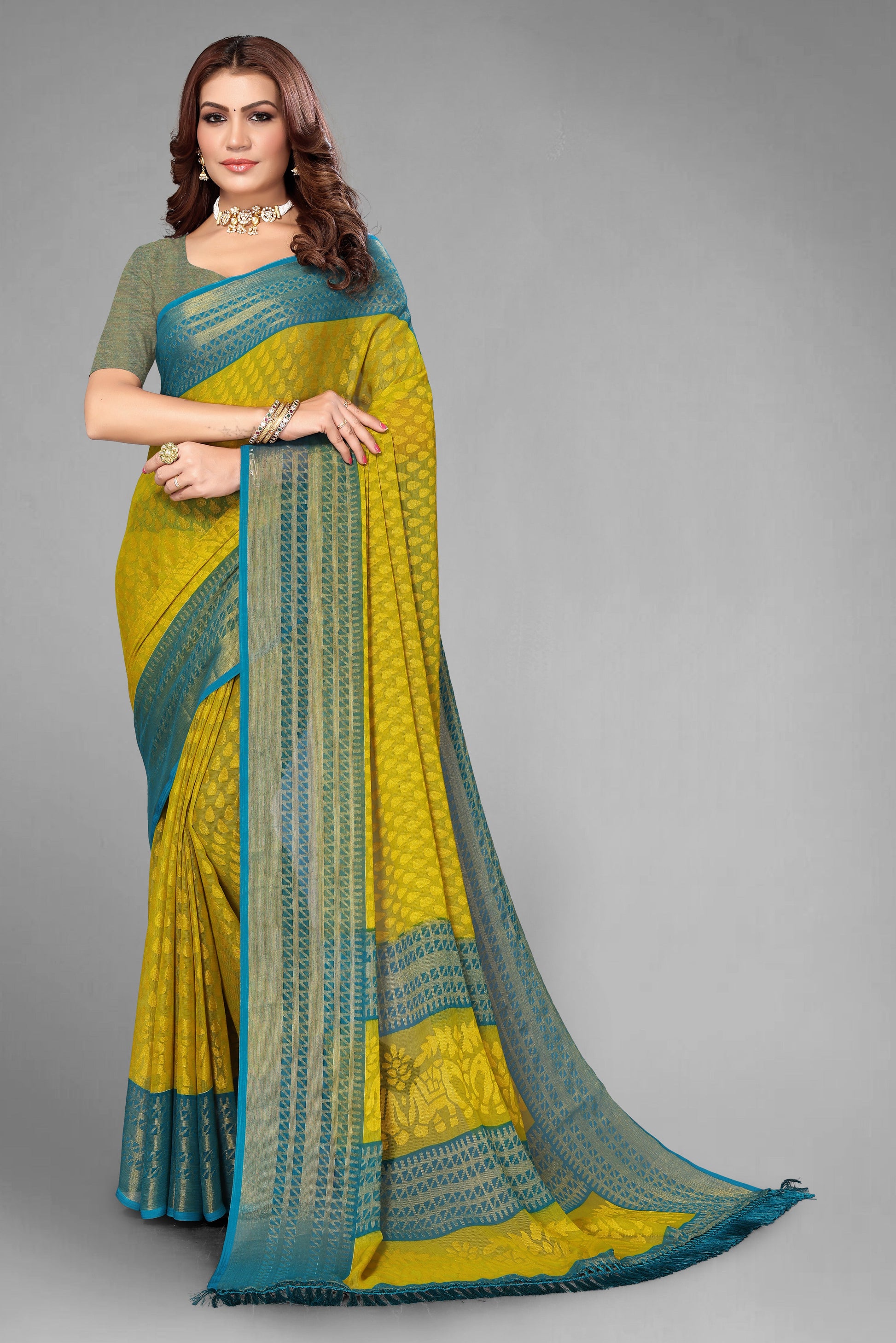 Chiffon Brasso Green Printed Saree with Blouse | Ivaara.