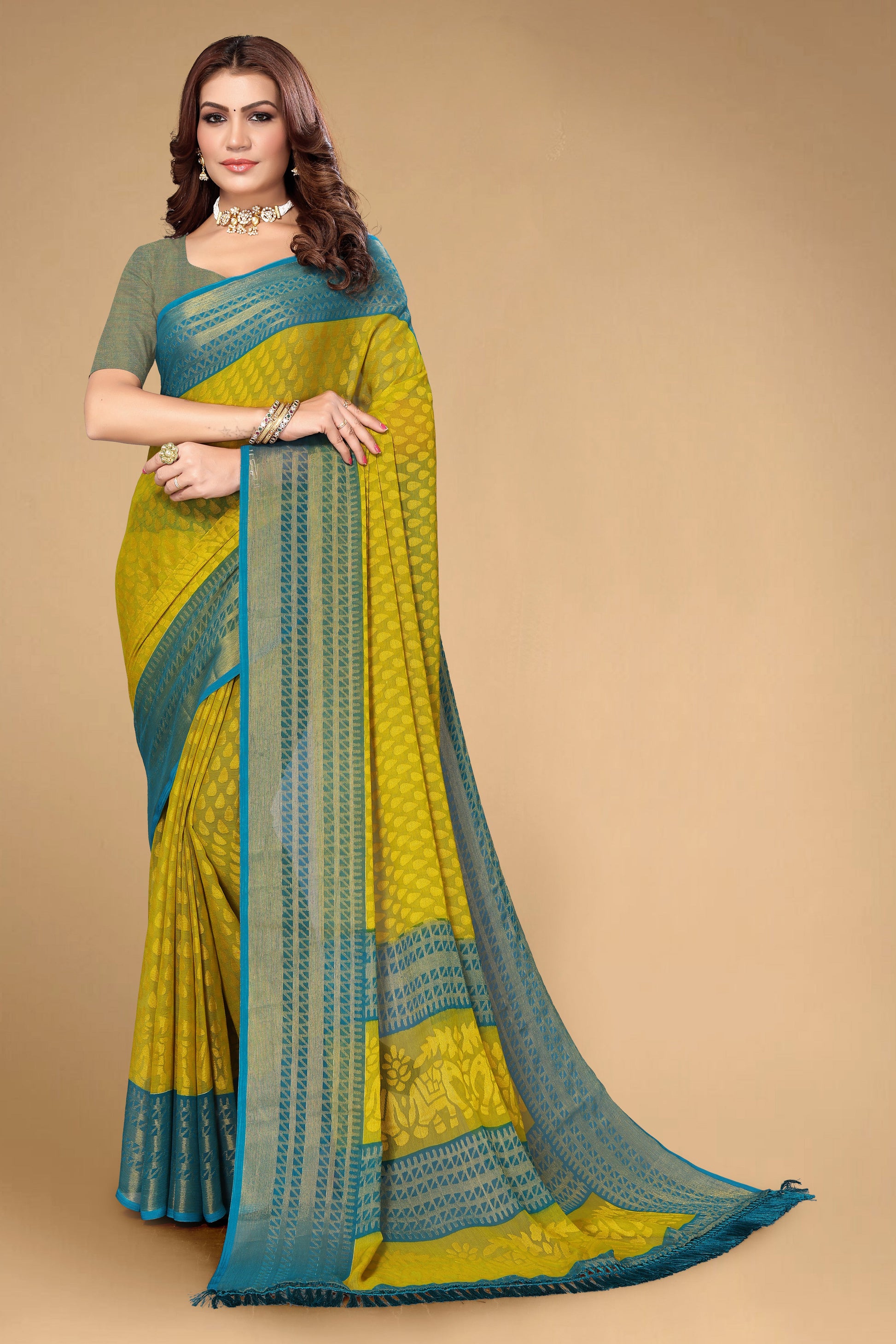 Chiffon Brasso Green Printed Saree with Blouse | Ivaara.
