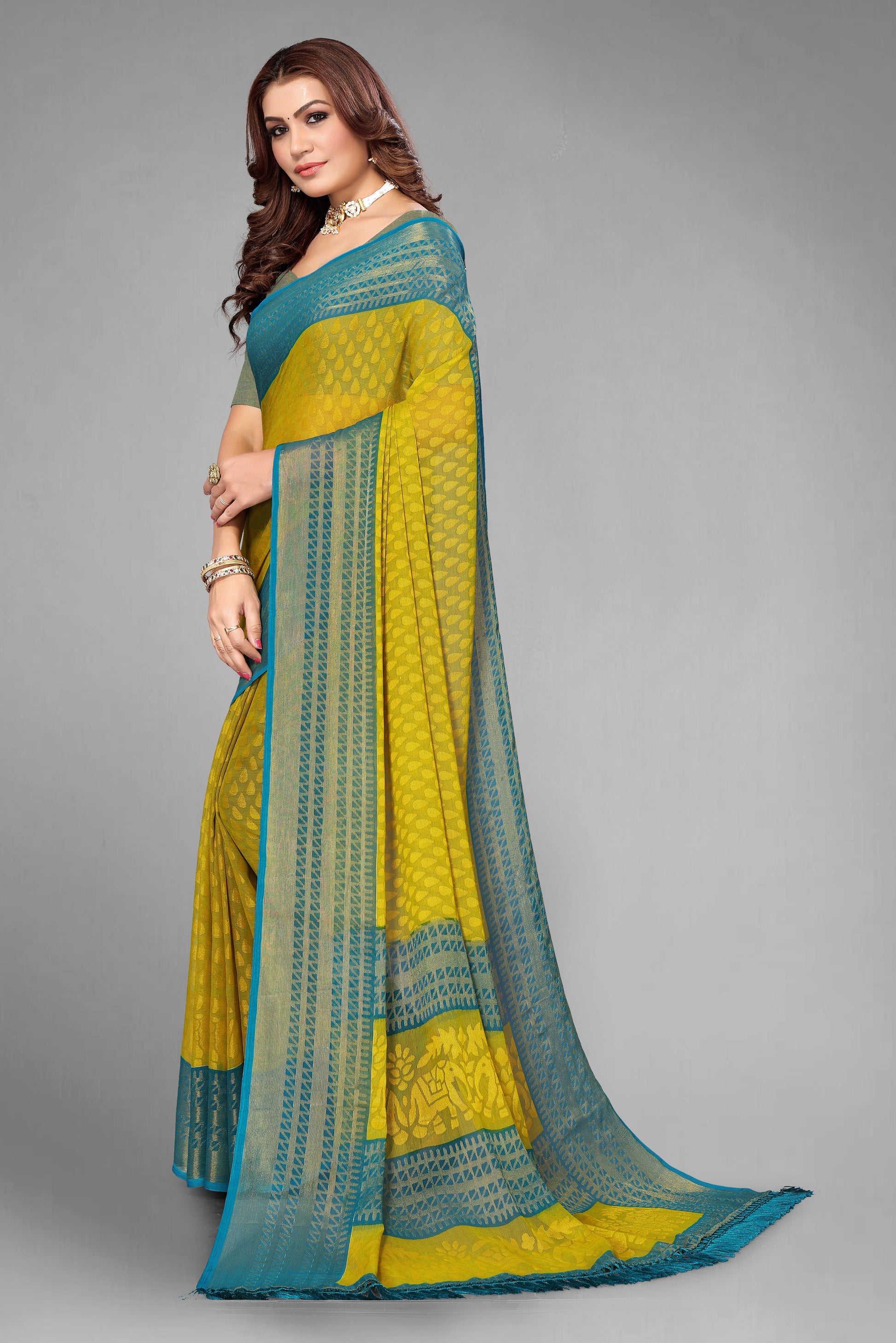 Chiffon Brasso Green Printed Saree with Blouse | Ivaara.