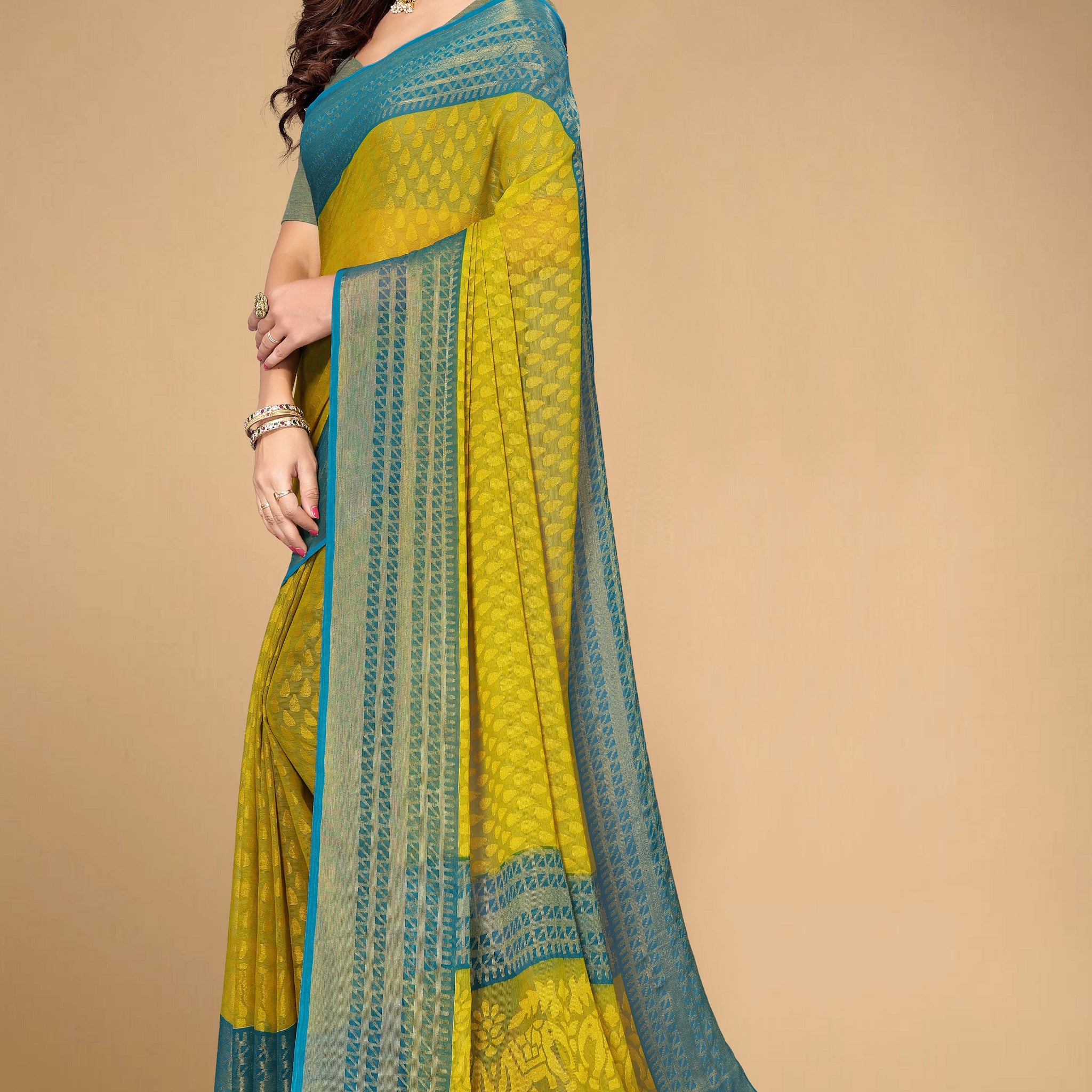 Chiffon Brasso Green Printed Saree with Blouse | Ivaara.