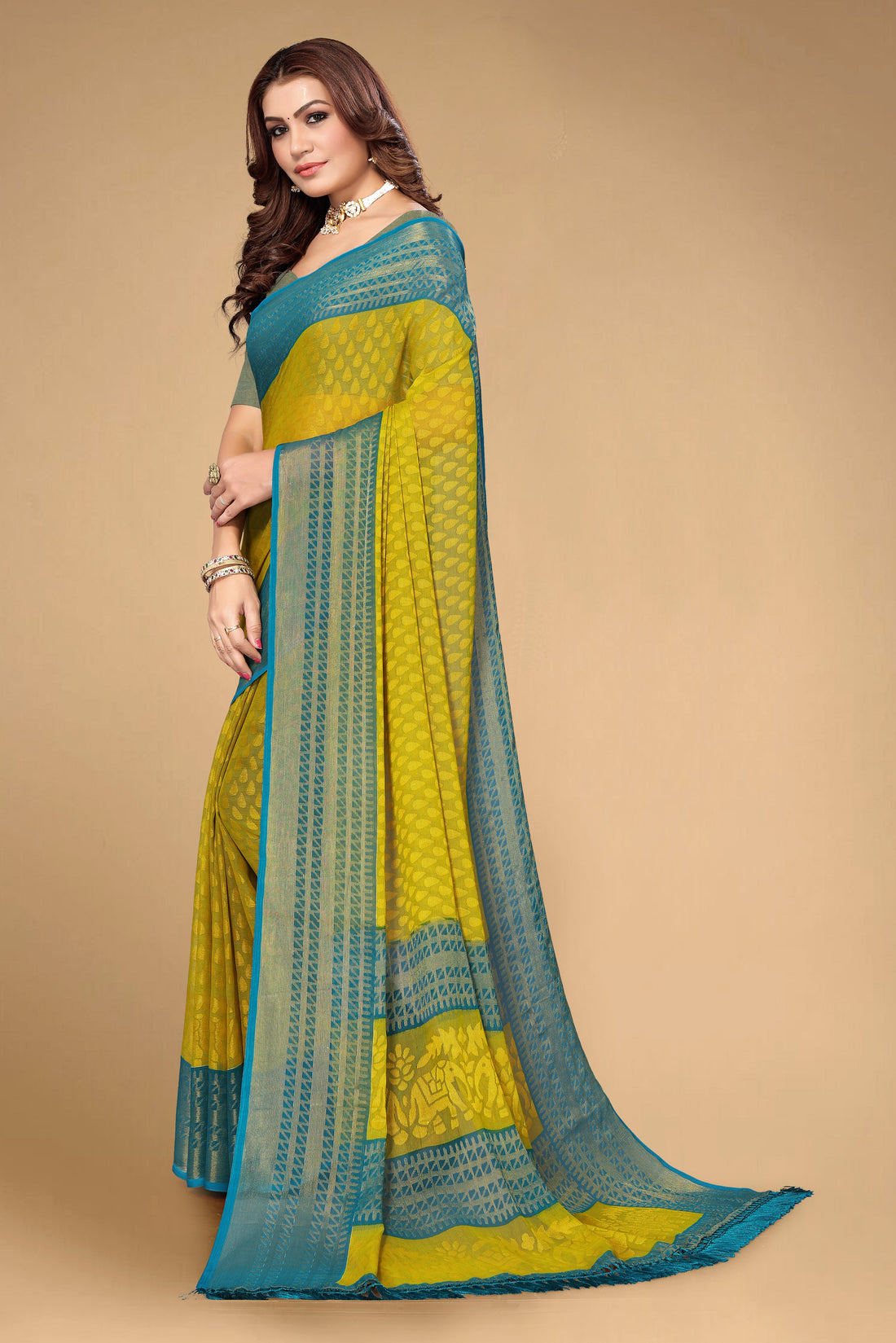 Chiffon Brasso Green Printed Saree with Blouse | Ivaara.