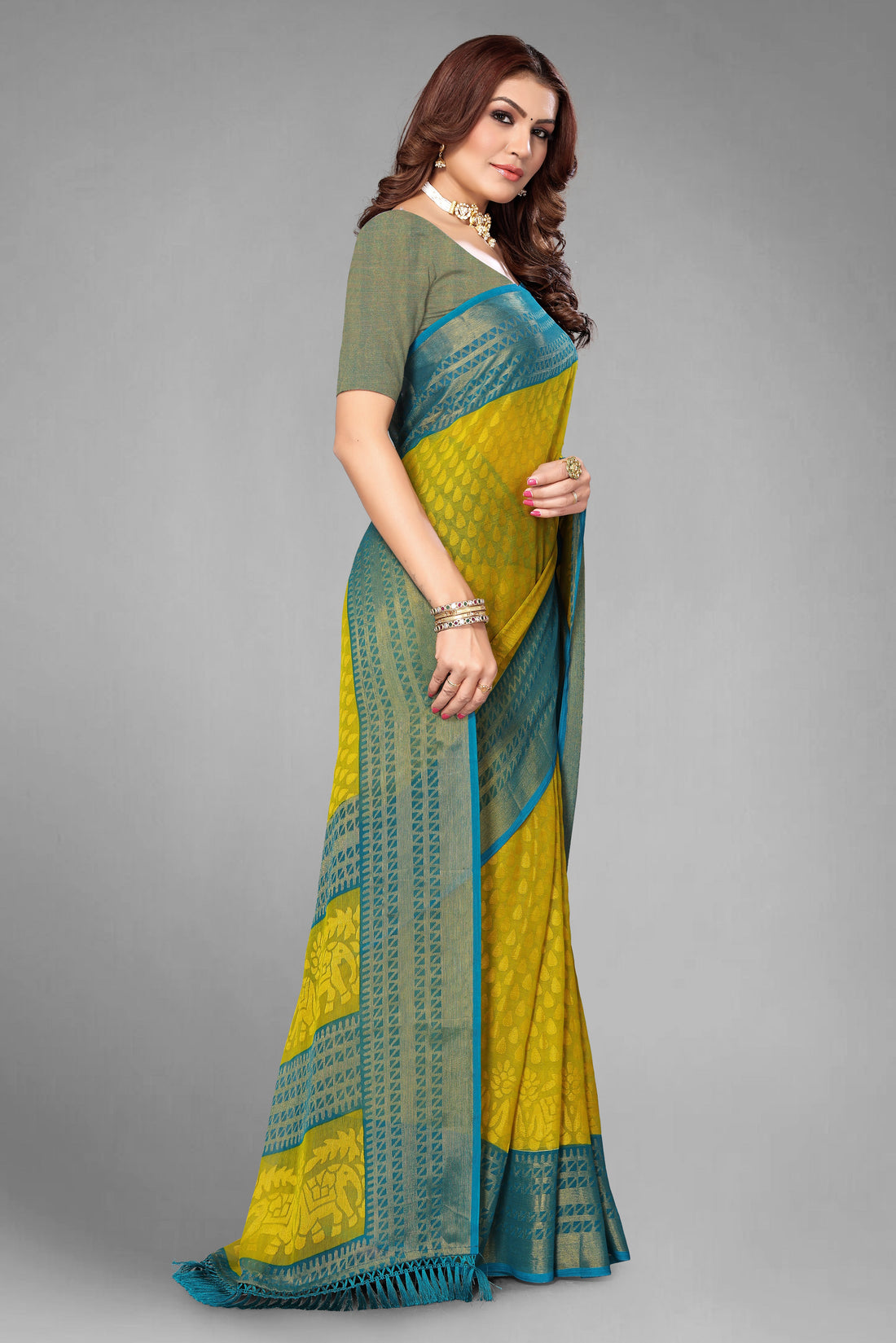 Chiffon Brasso Green Printed Saree with Blouse | Ivaara.