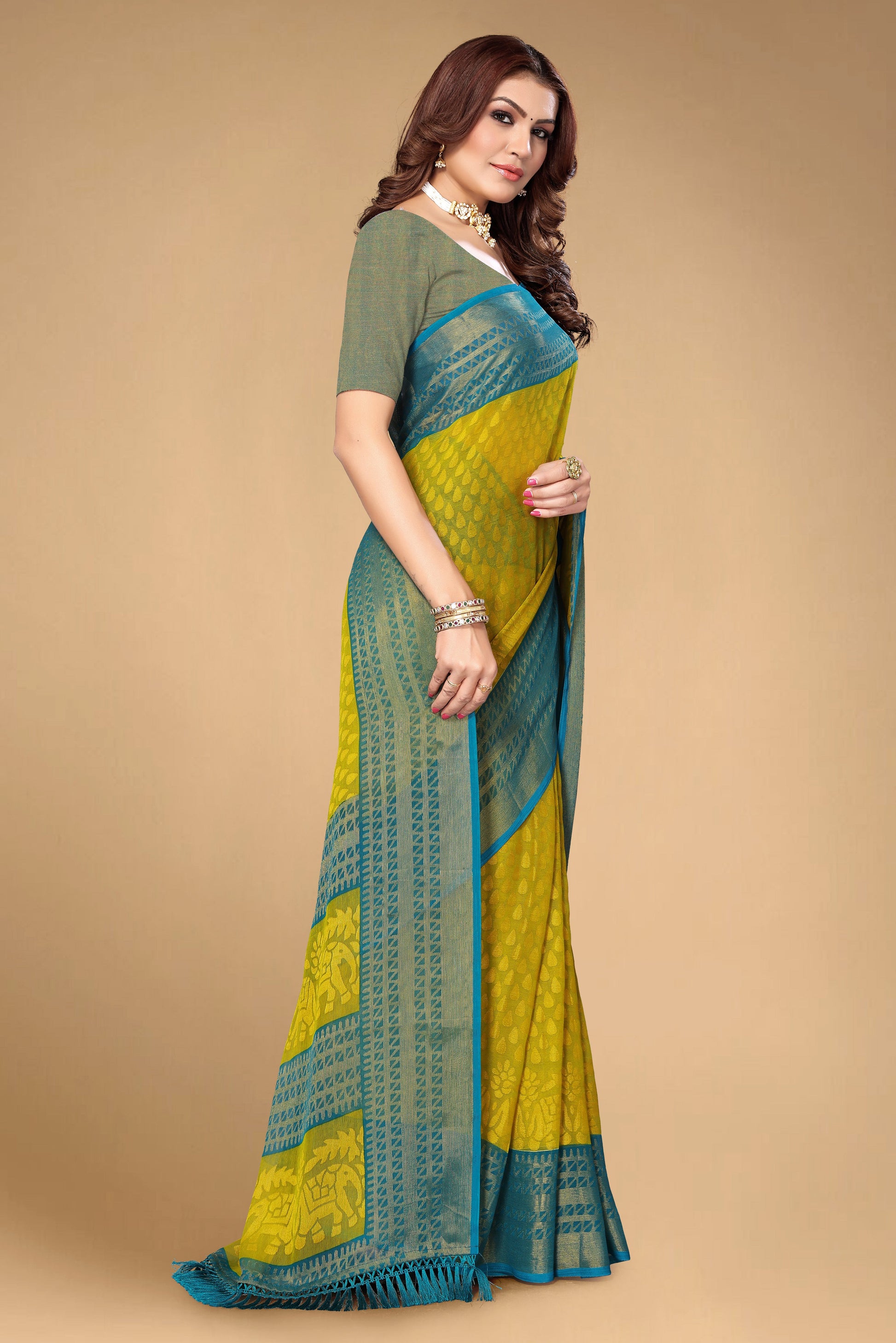 Chiffon Brasso Green Printed Saree with Blouse | Ivaara.