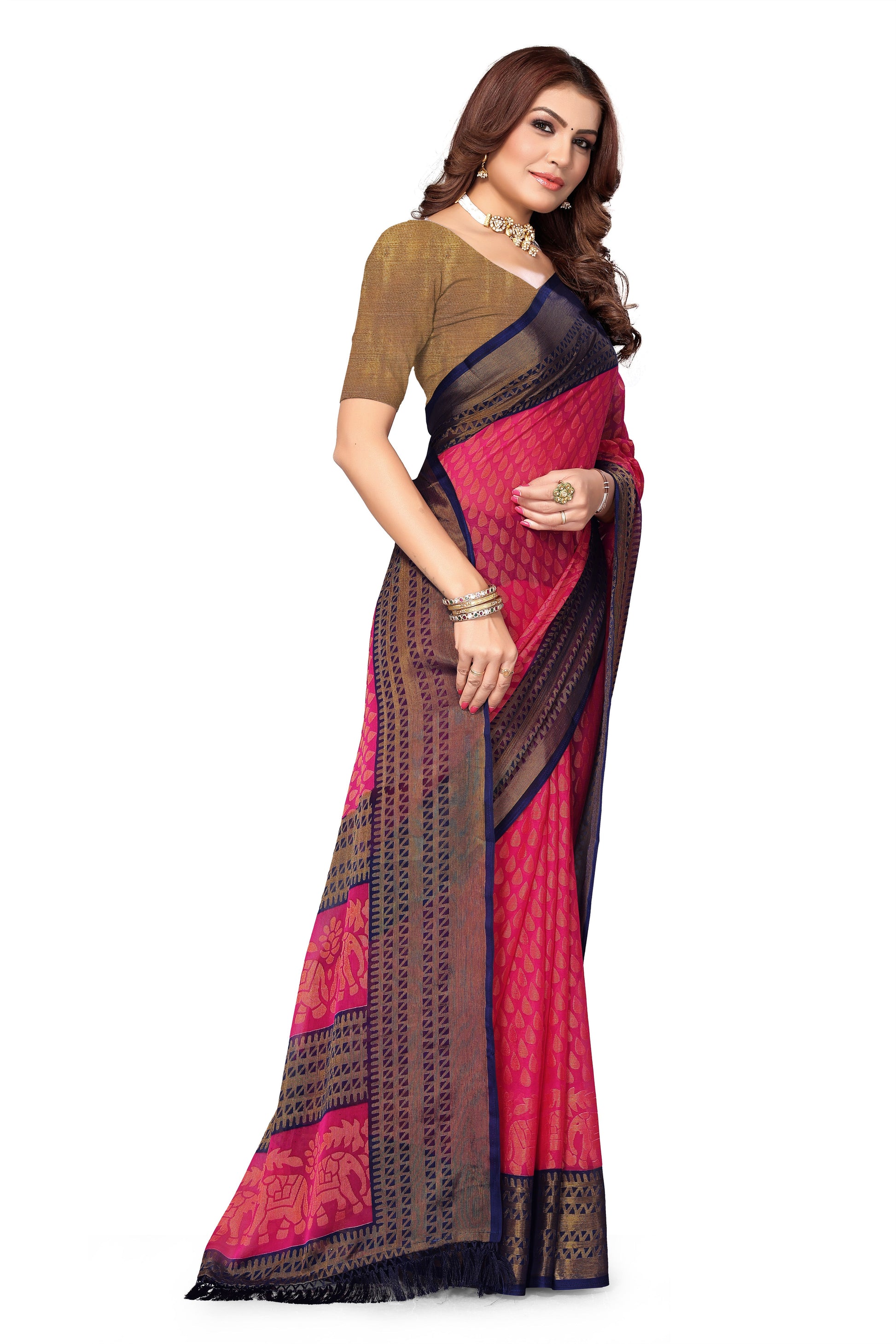 Chiffon Cotton Blend Brasso Pink Printed Saree with Blouse | Ivaara.