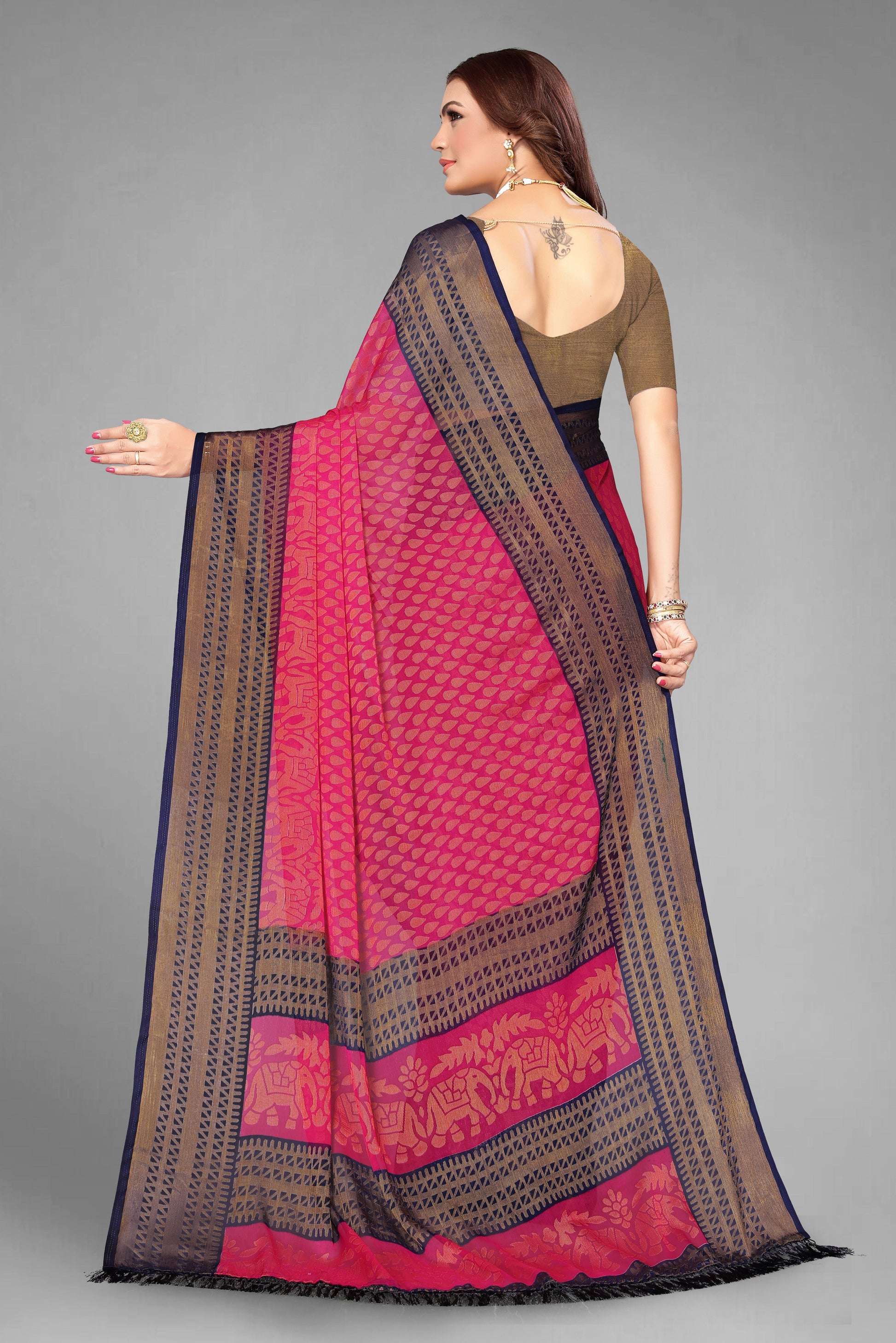 Chiffon Cotton Blend Brasso Pink Printed Saree with Blouse | Ivaara.