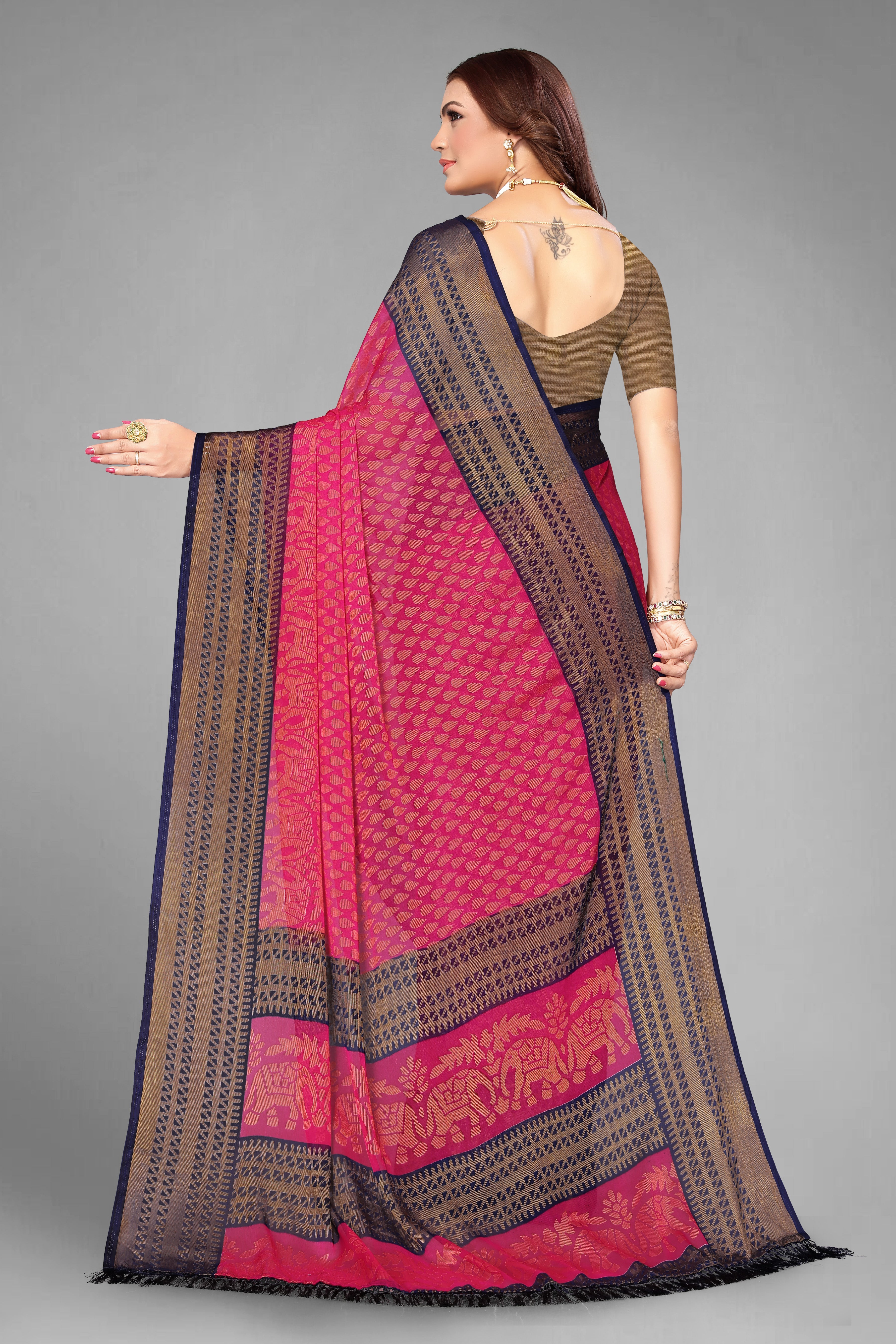 Chiffon Cotton Blend Brasso Pink Printed Saree with Blouse | Ivaara.