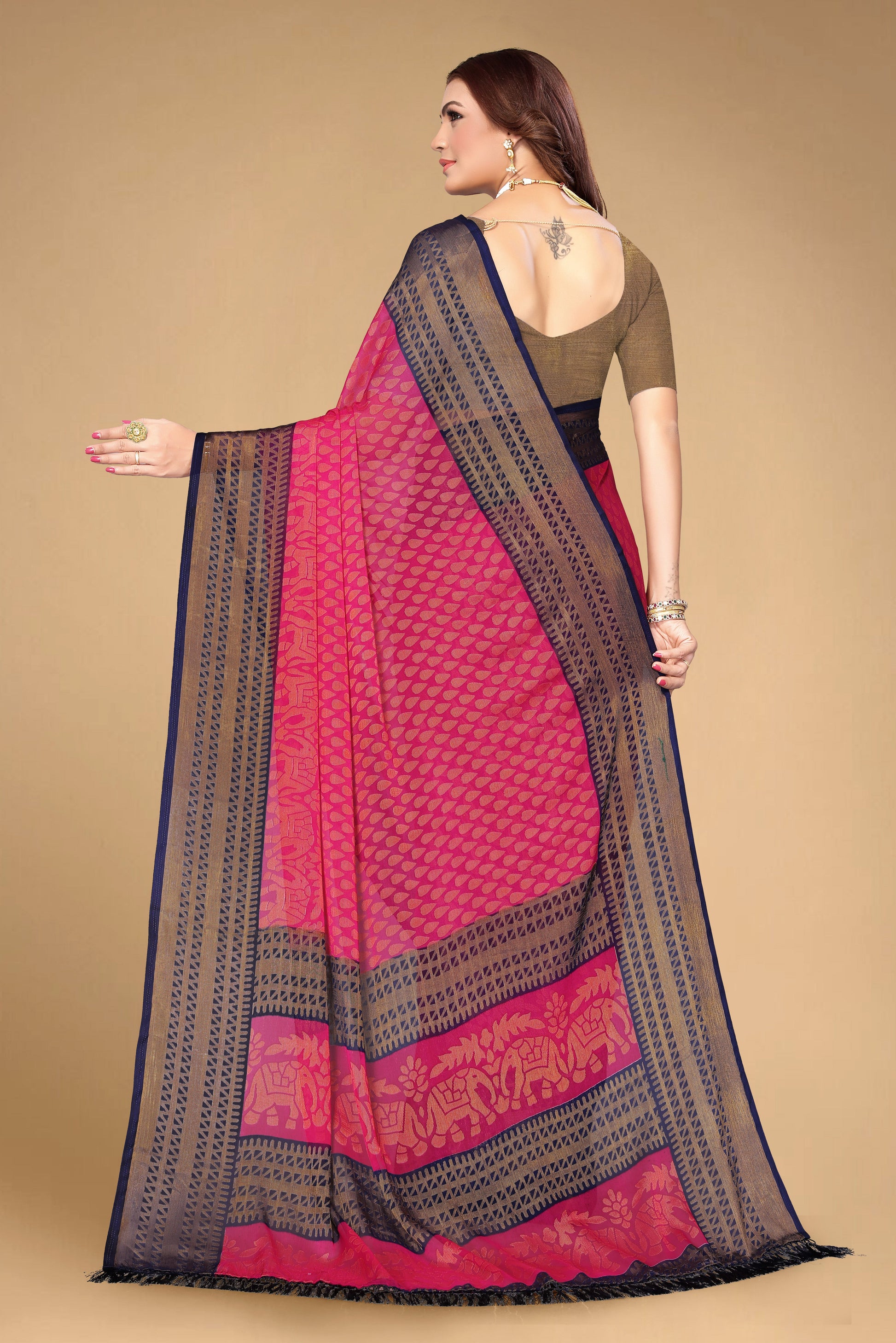Chiffon Cotton Blend Brasso Pink Printed Saree with Blouse | Ivaara.
