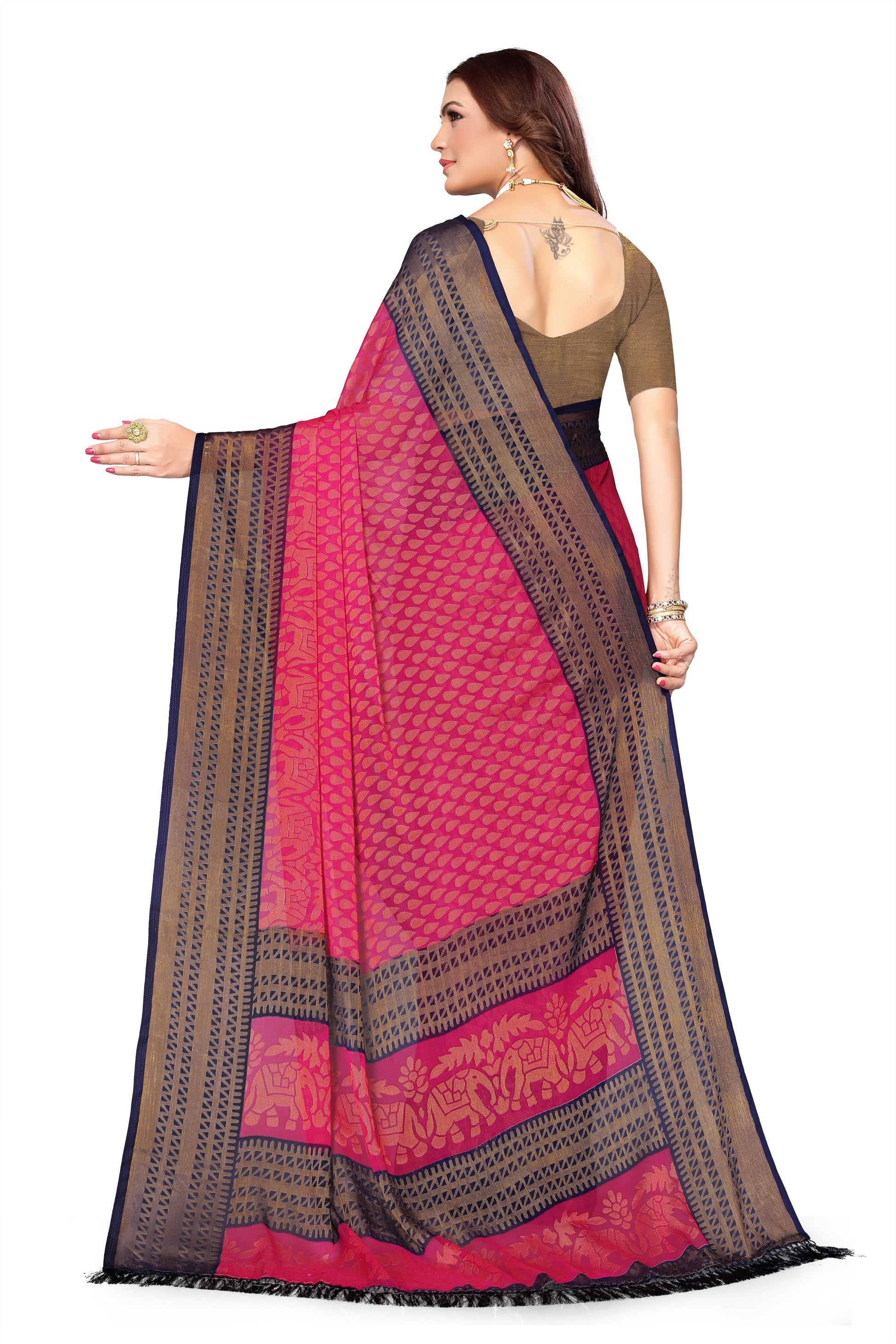 Chiffon Cotton Blend Brasso Pink Printed Saree with Blouse | Ivaara.