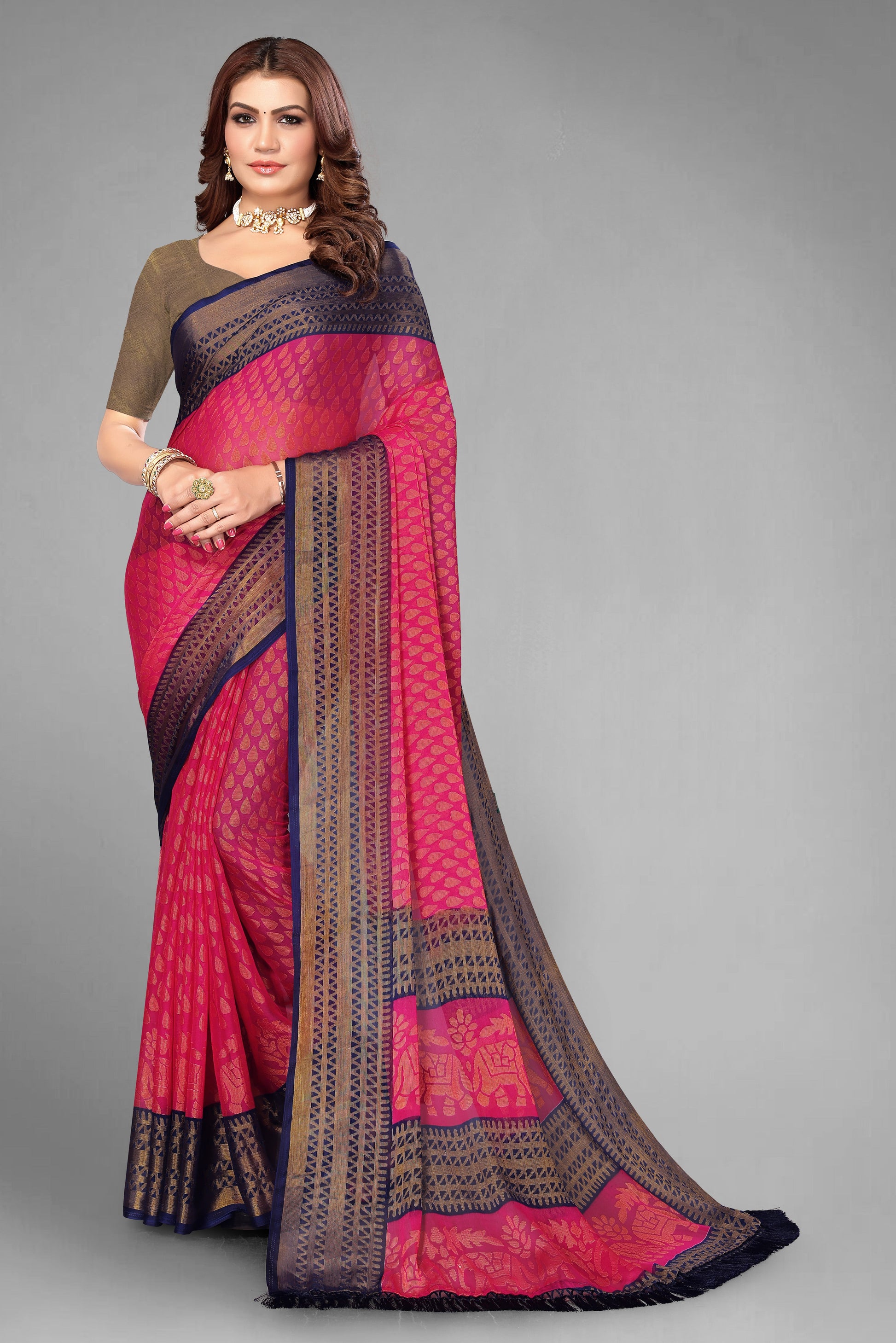 Chiffon Cotton Blend Brasso Pink Printed Saree with Blouse | Ivaara.
