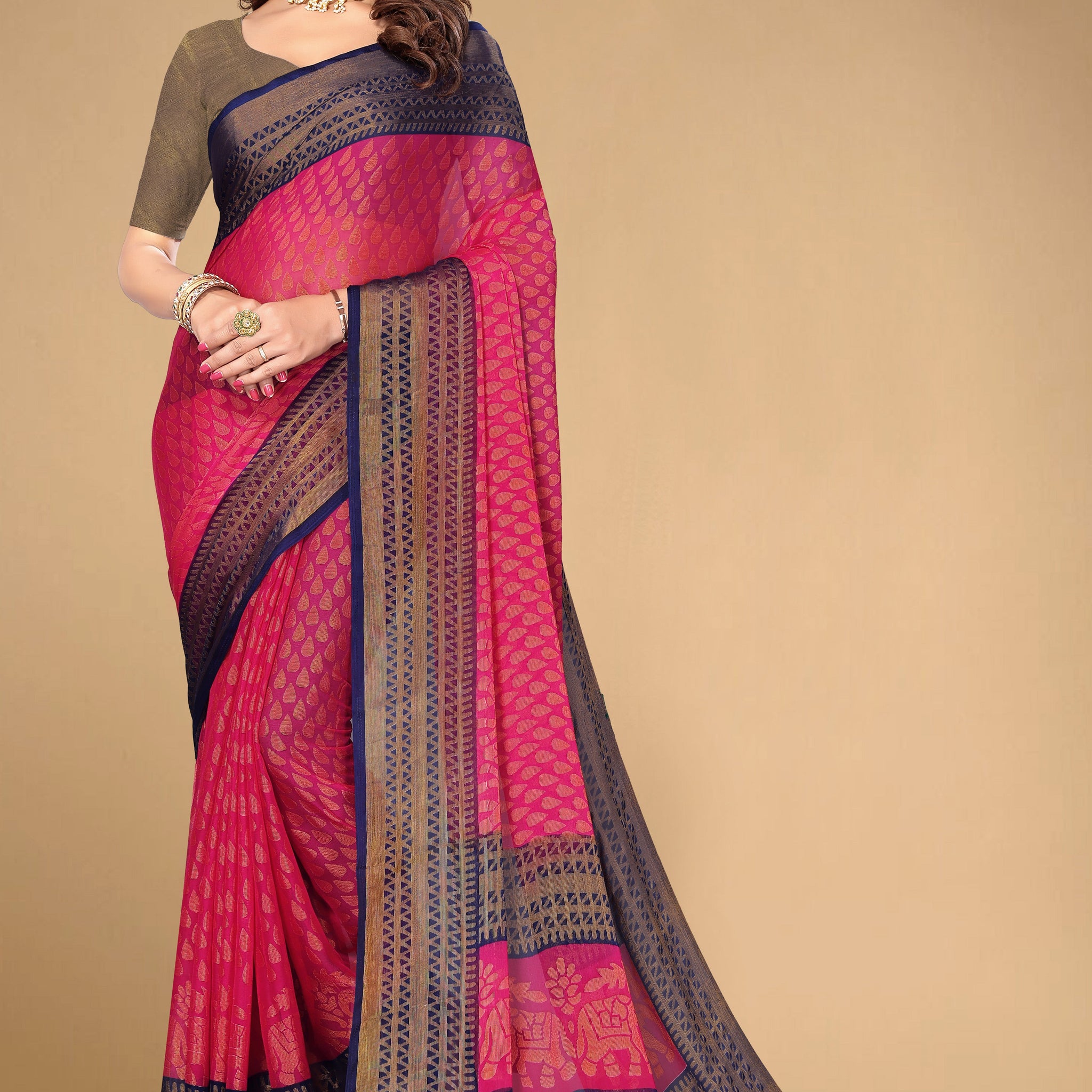 Chiffon Cotton Blend Brasso Pink Printed Saree with Blouse | Ivaara.