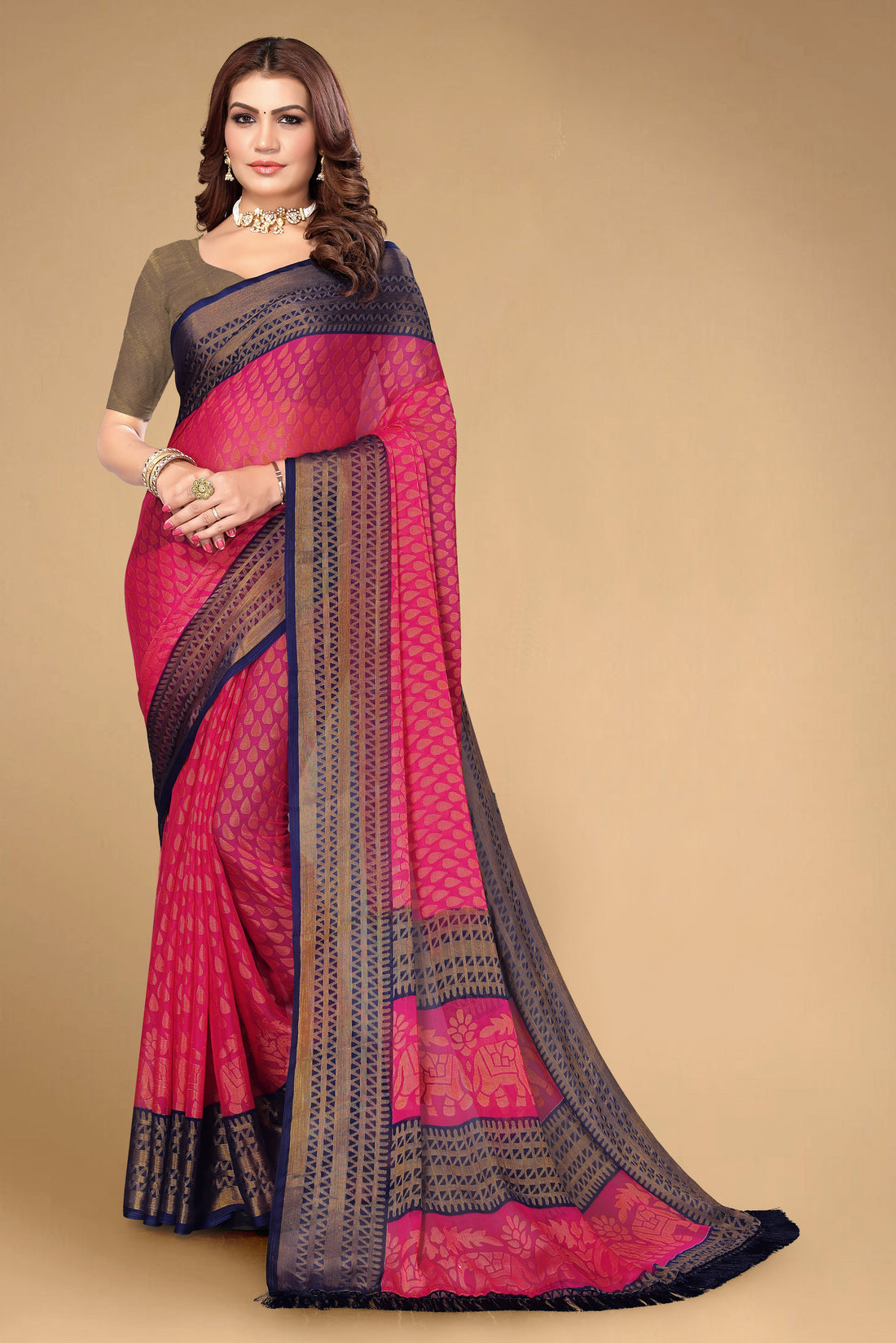 Chiffon Cotton Blend Brasso Pink Printed Saree with Blouse | Ivaara.