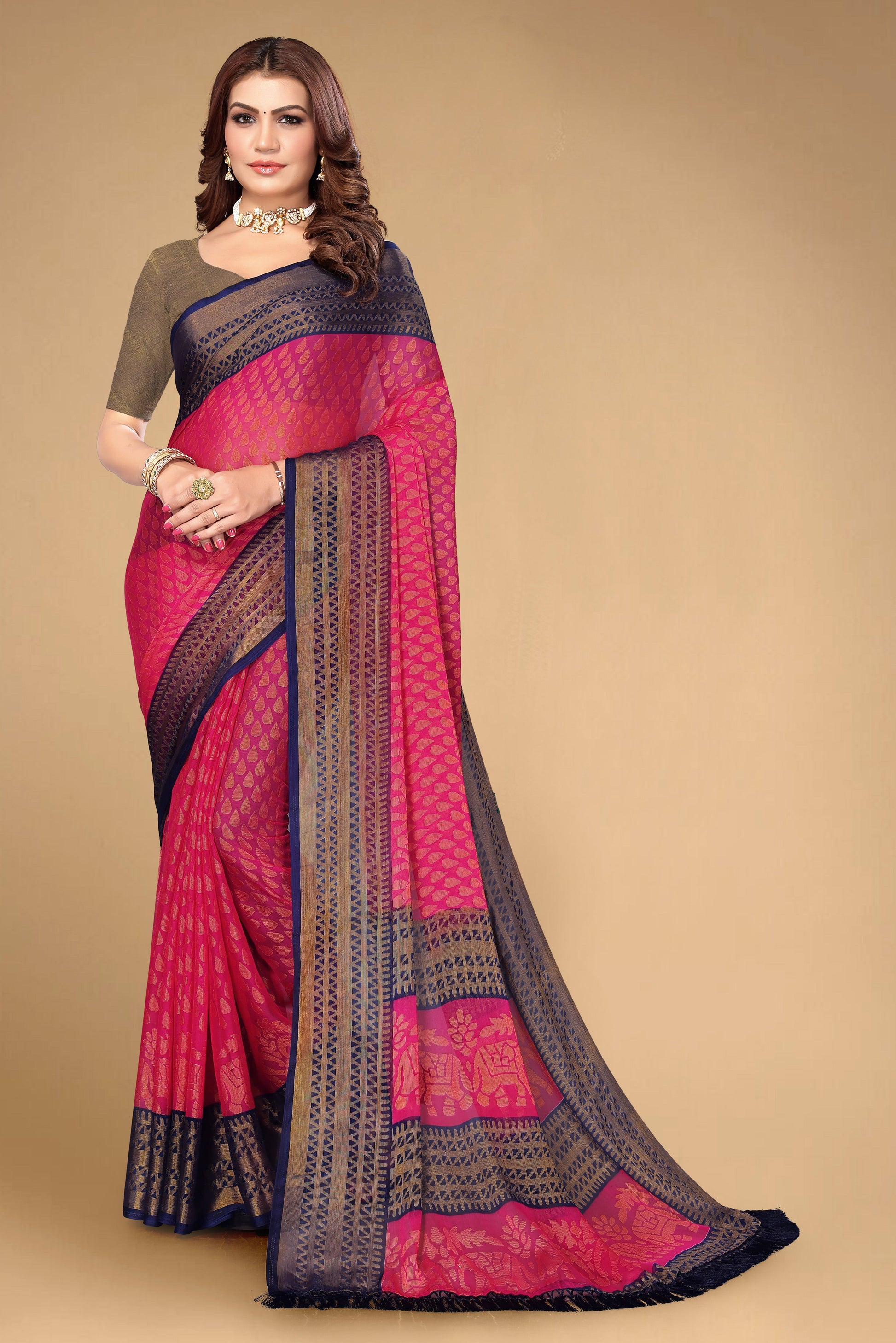 Chiffon Cotton Blend Brasso Pink Printed Saree with Blouse | Ivaara.