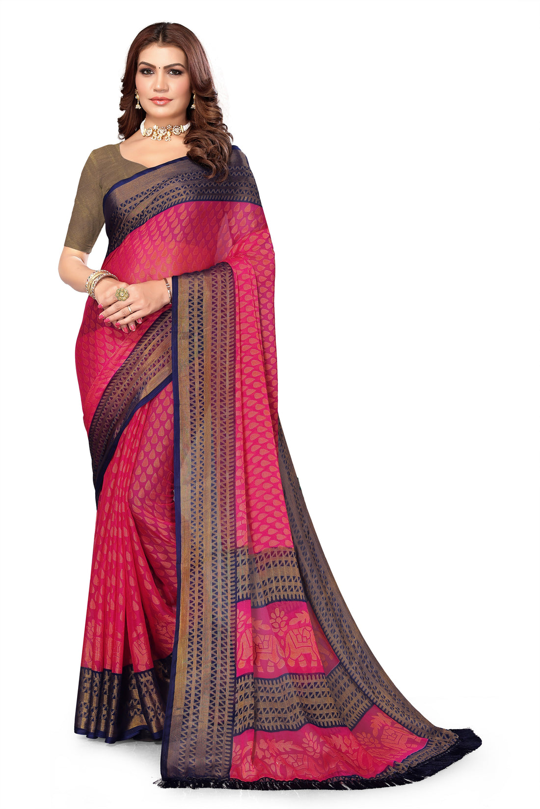 Chiffon Cotton Blend Brasso Pink Printed Saree with Blouse | Ivaara.