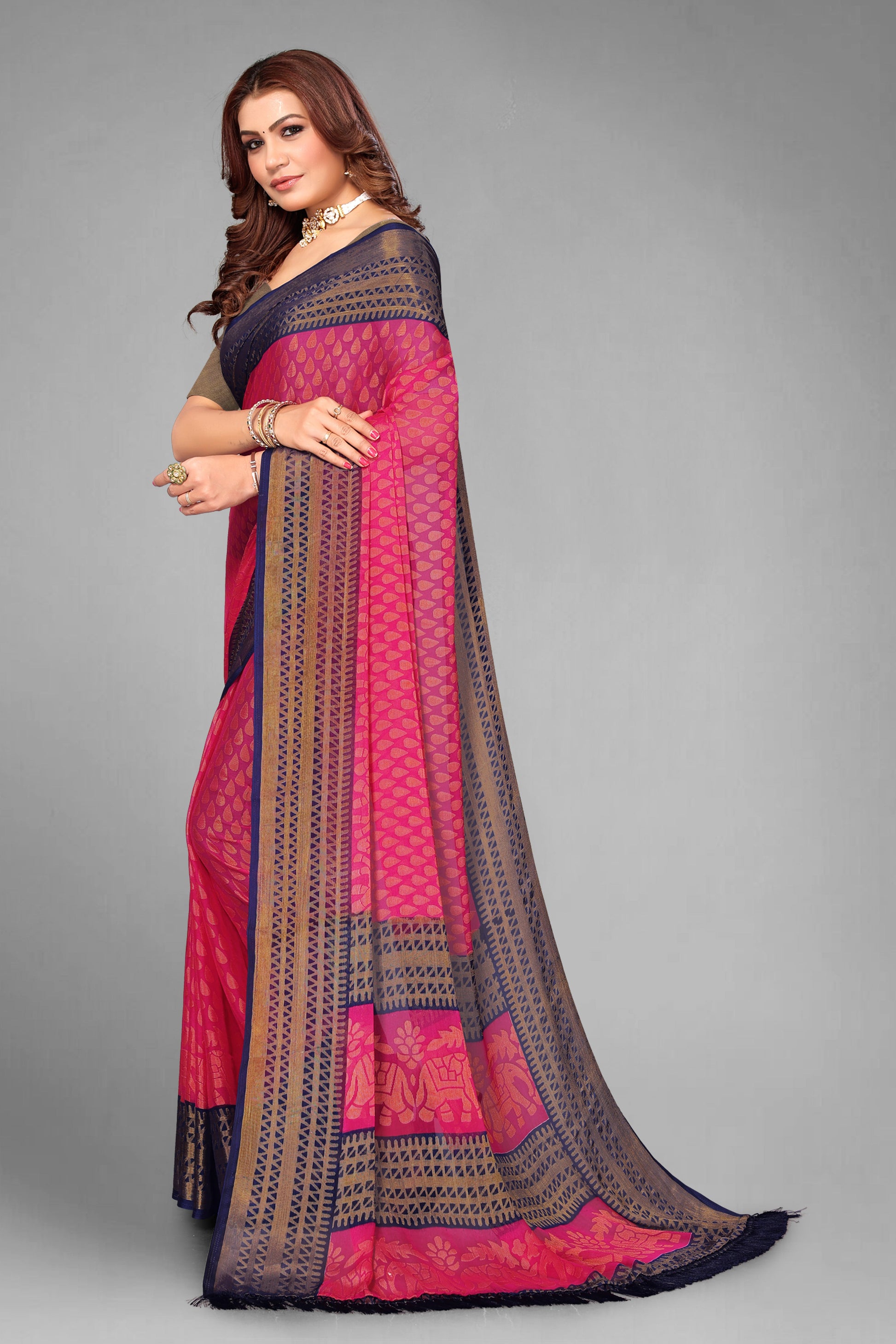 Chiffon Cotton Blend Brasso Pink Printed Saree with Blouse | Ivaara.