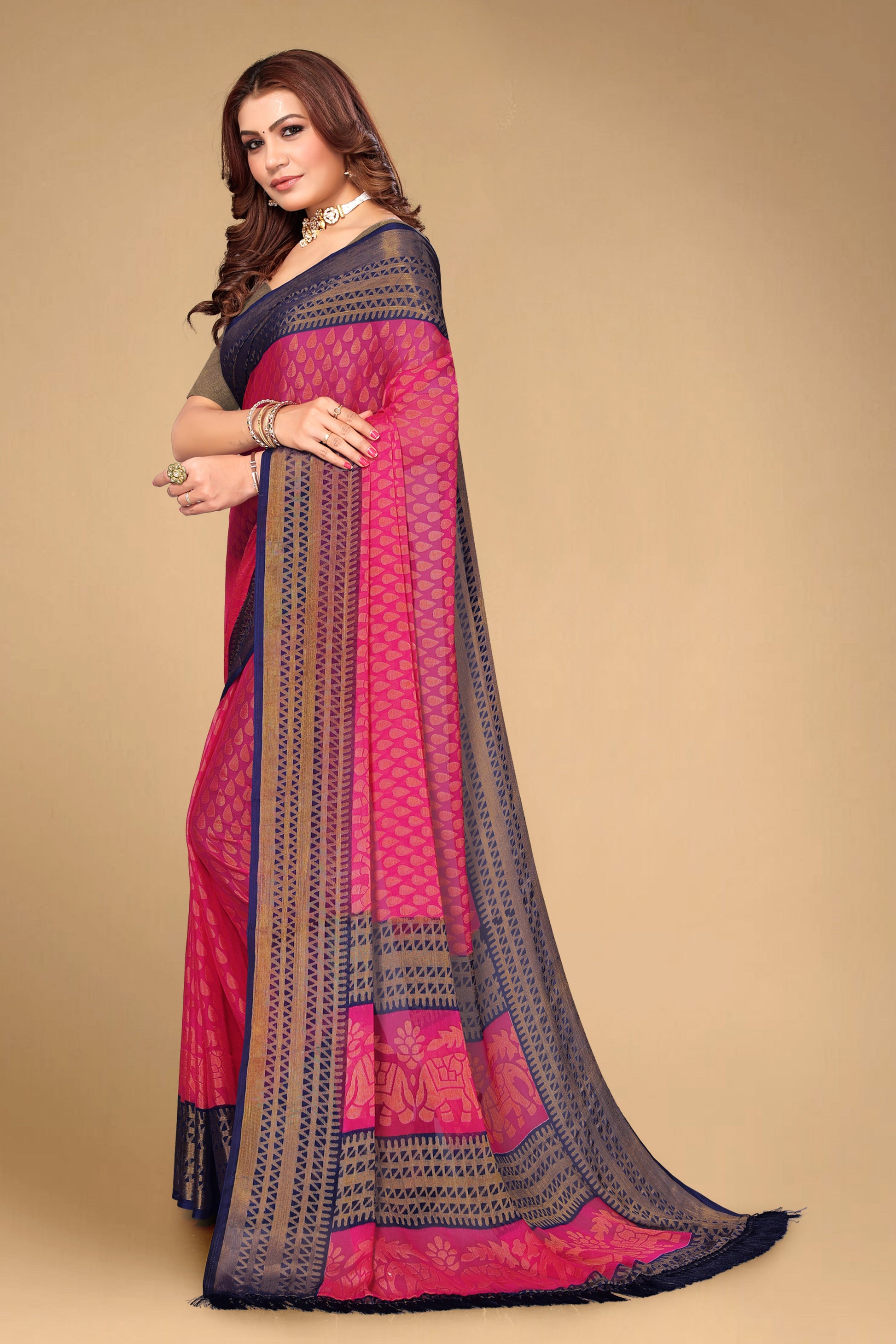 Chiffon Cotton Blend Brasso Pink Printed Saree with Blouse | Ivaara.