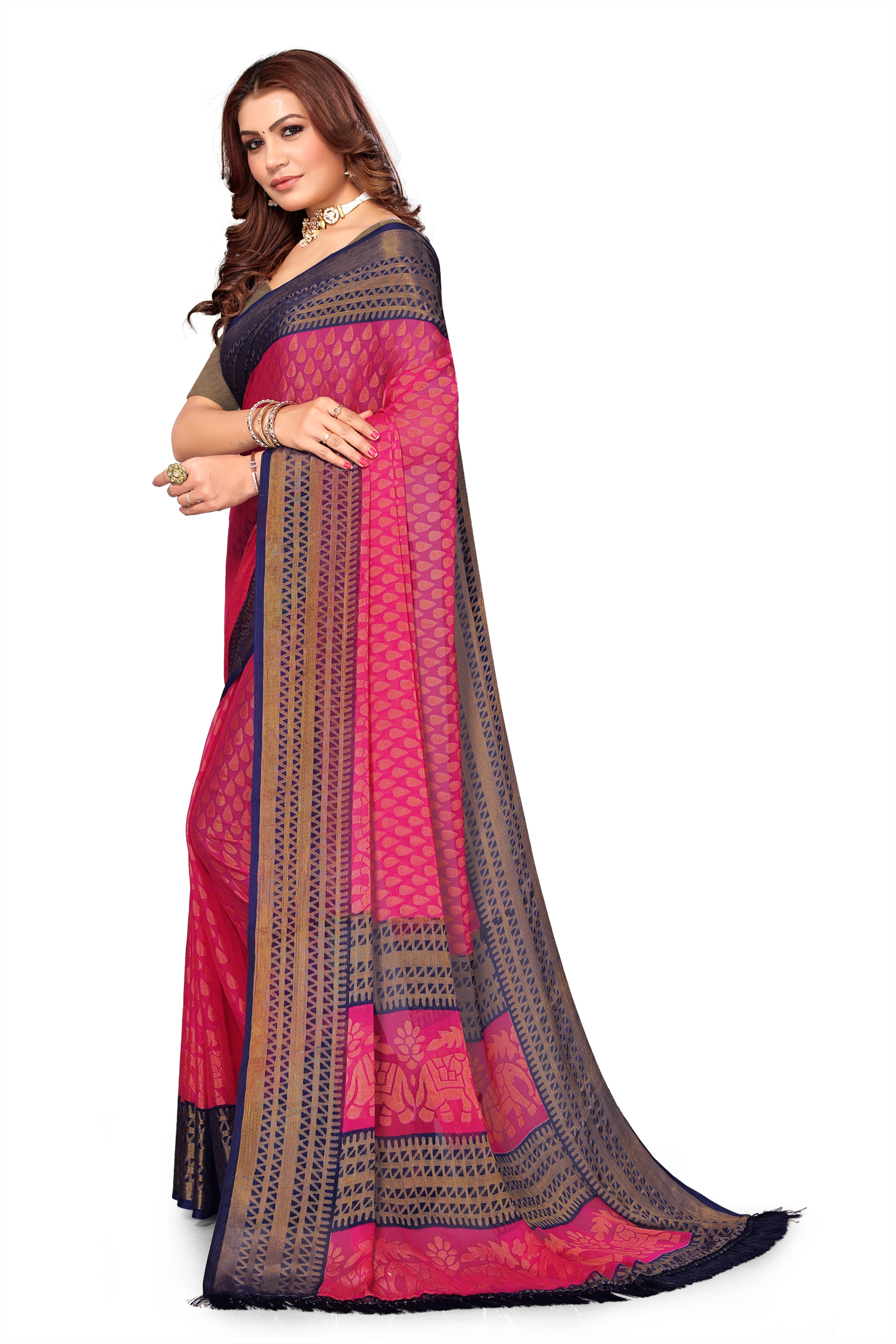 Chiffon Cotton Blend Brasso Pink Printed Saree with Blouse | Ivaara.