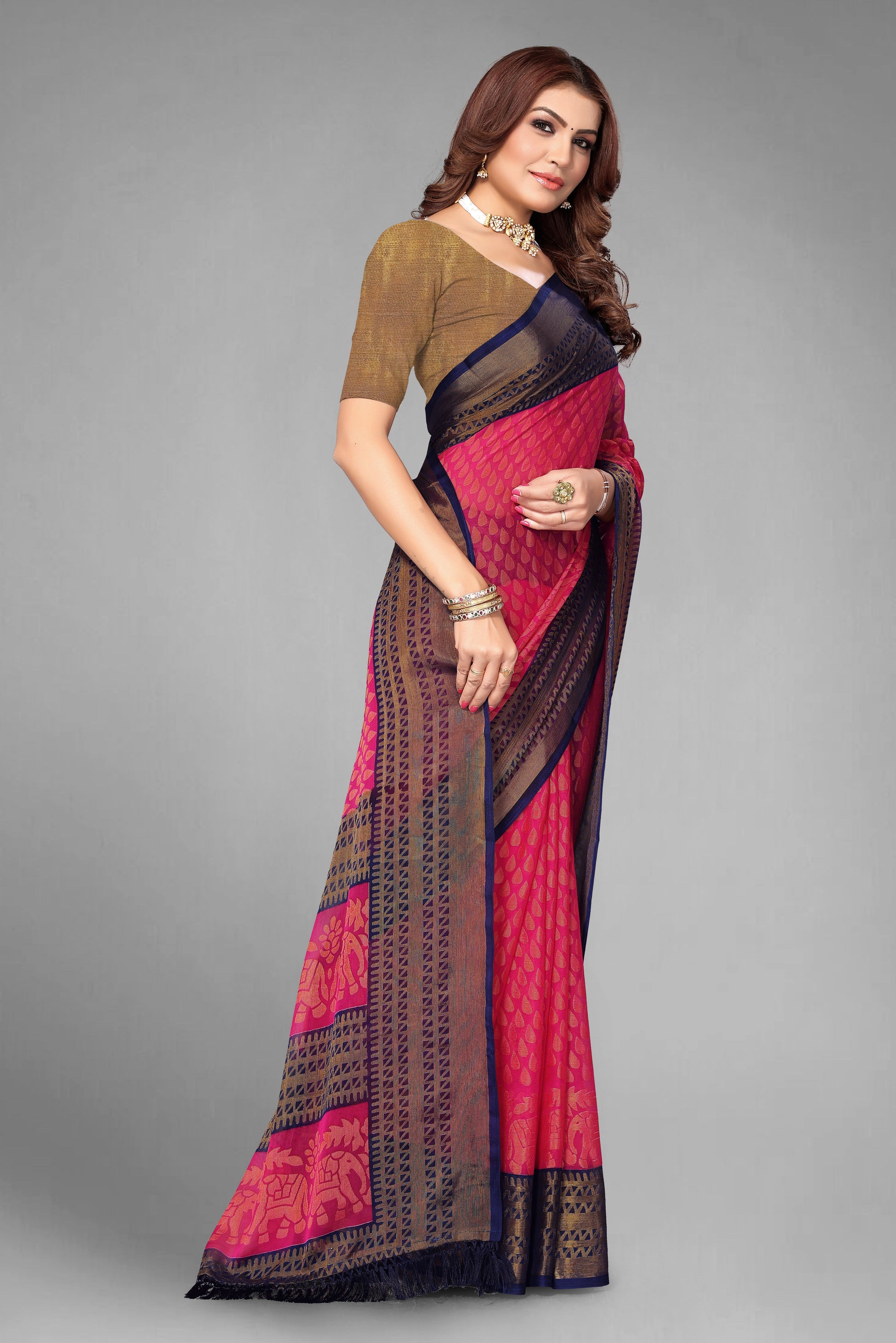 Chiffon Cotton Blend Brasso Pink Printed Saree with Blouse | Ivaara.