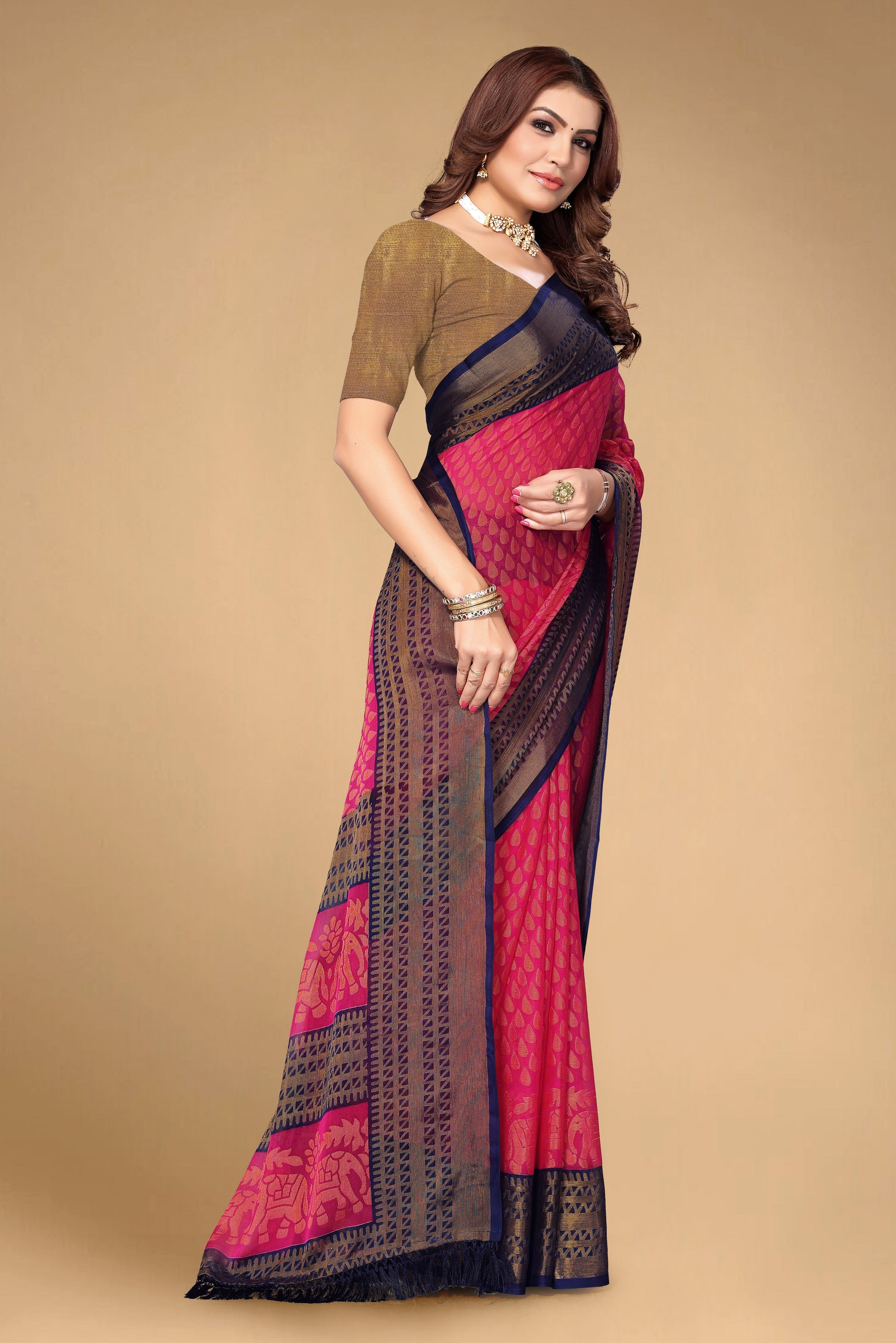 Chiffon Cotton Blend Brasso Pink Printed Saree with Blouse | Ivaara.