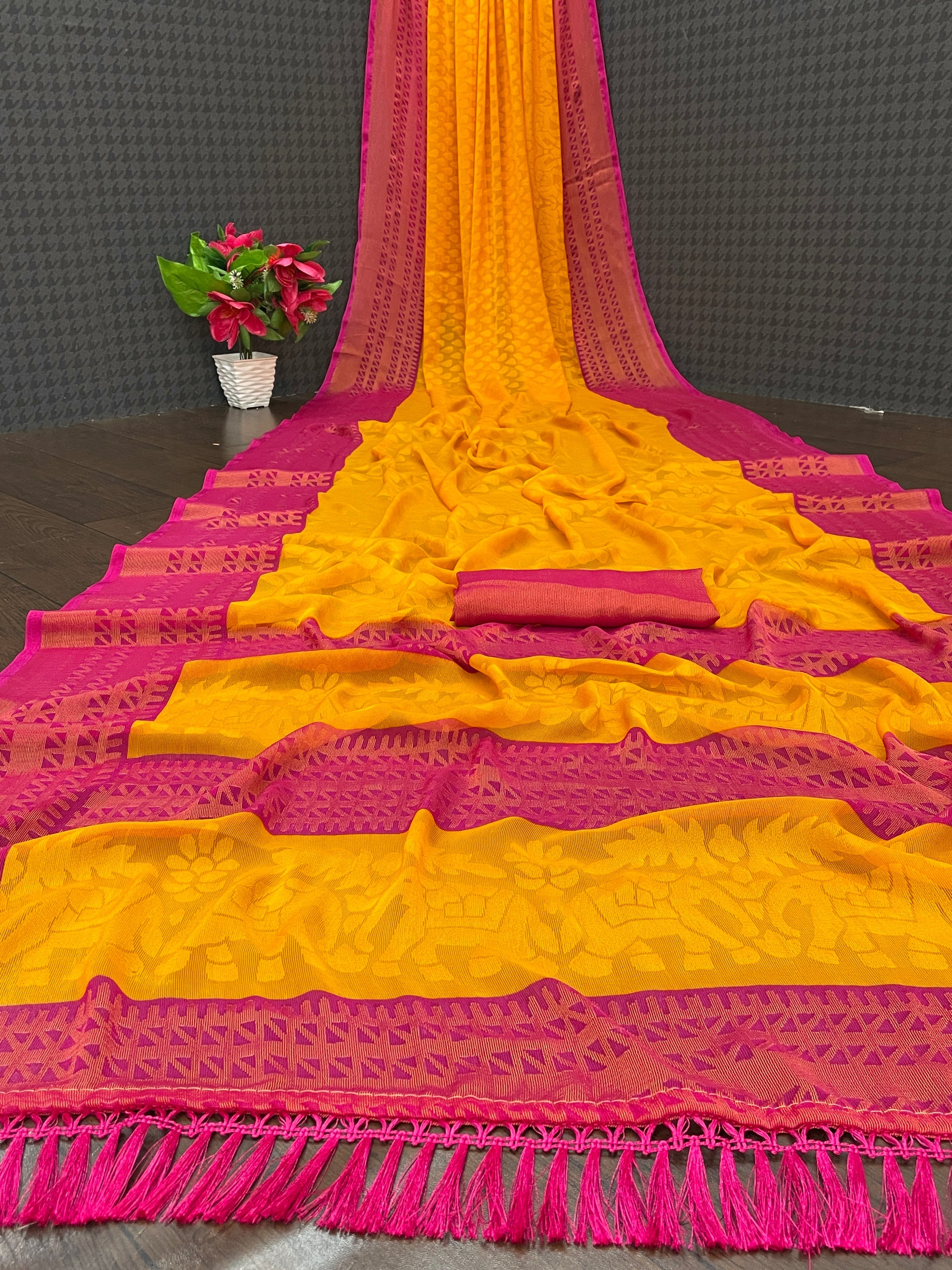 Chiffon Cotton Blend Brasso Yellow Printed Saree with Blouse | Ivaara.
