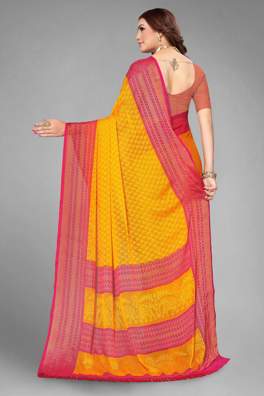 Chiffon Cotton Blend Brasso Yellow Printed Saree with Blouse | Ivaara.