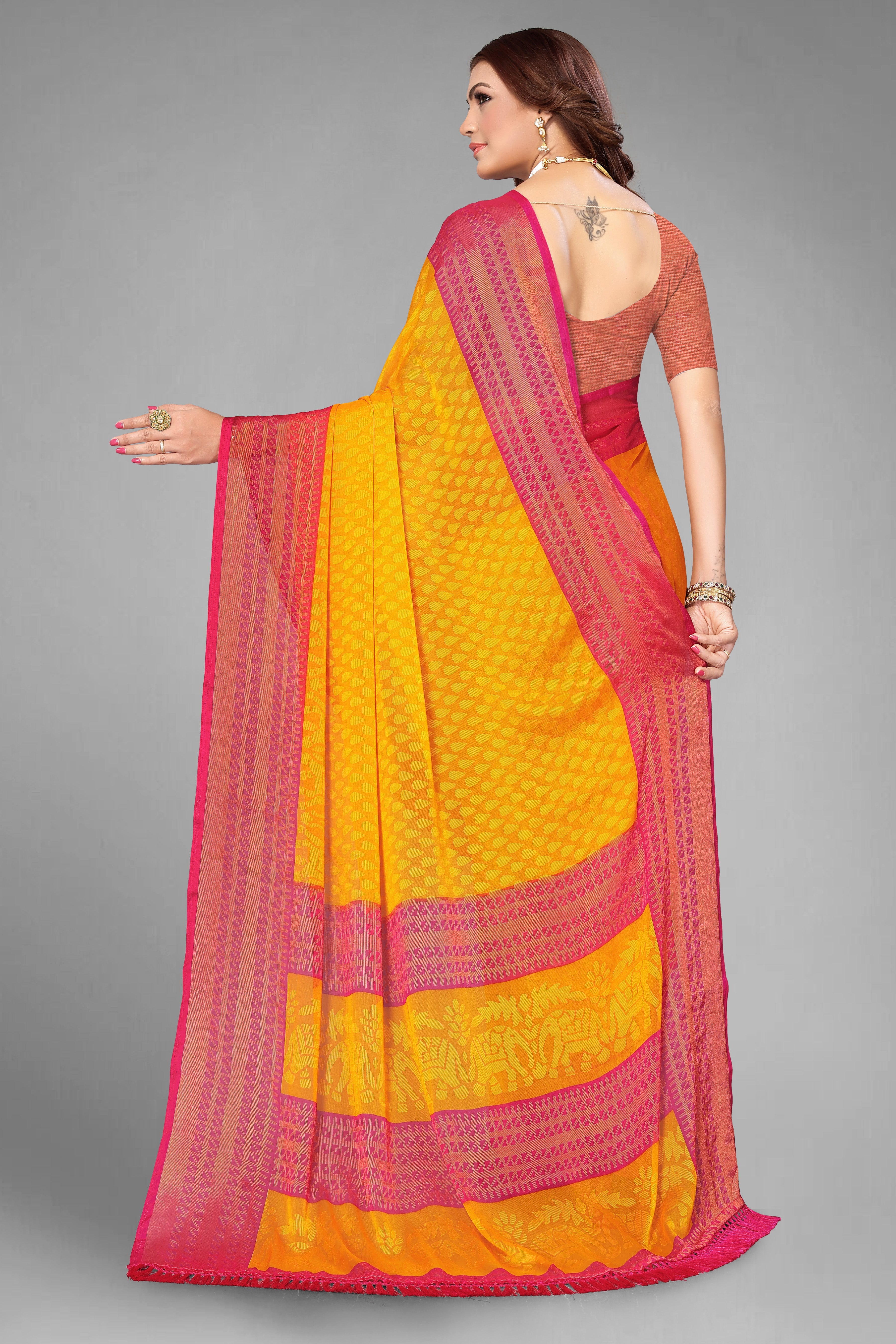 Chiffon Cotton Blend Brasso Yellow Printed Saree with Blouse | Ivaara.