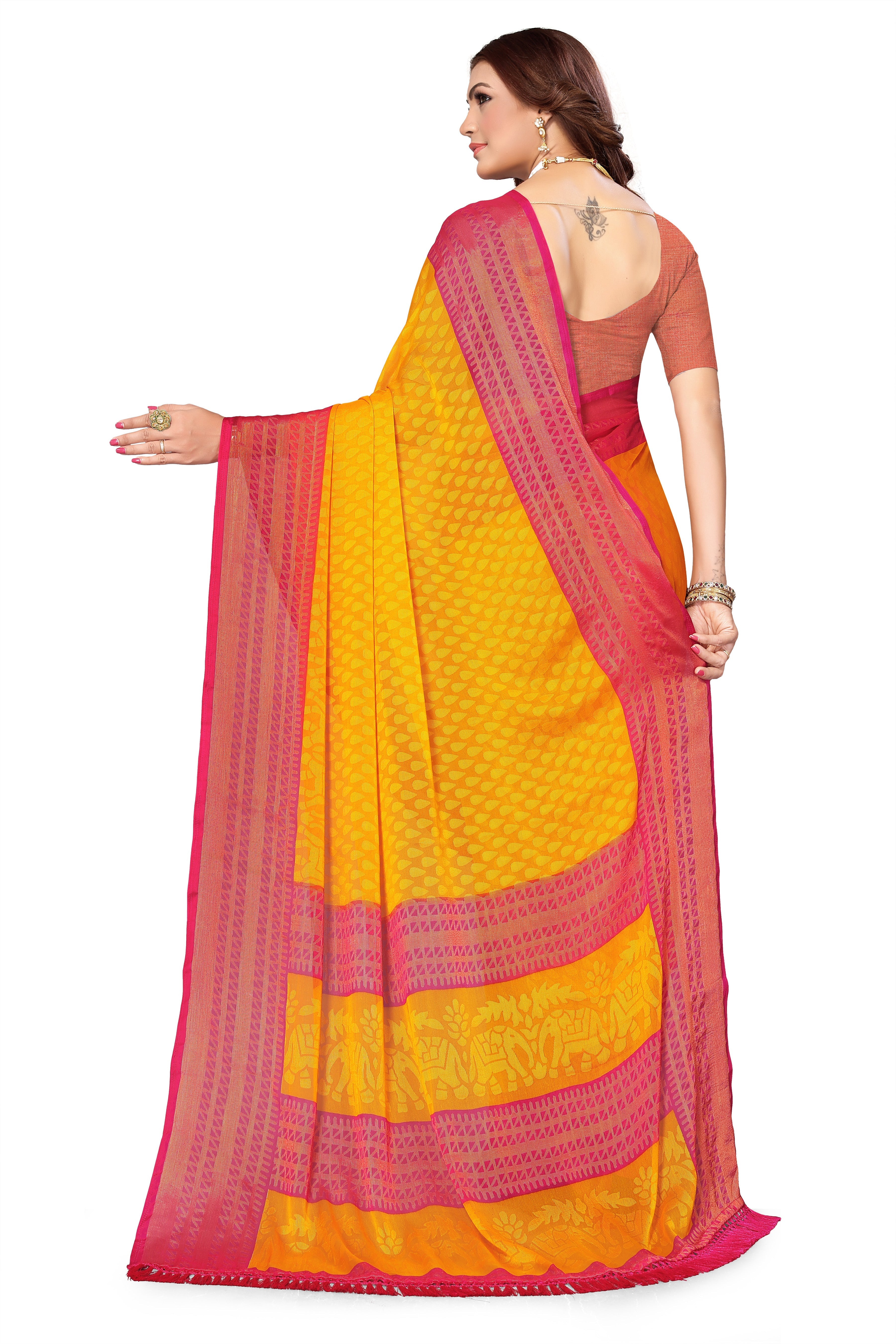 Chiffon Cotton Blend Brasso Yellow Printed Saree with Blouse | Ivaara.