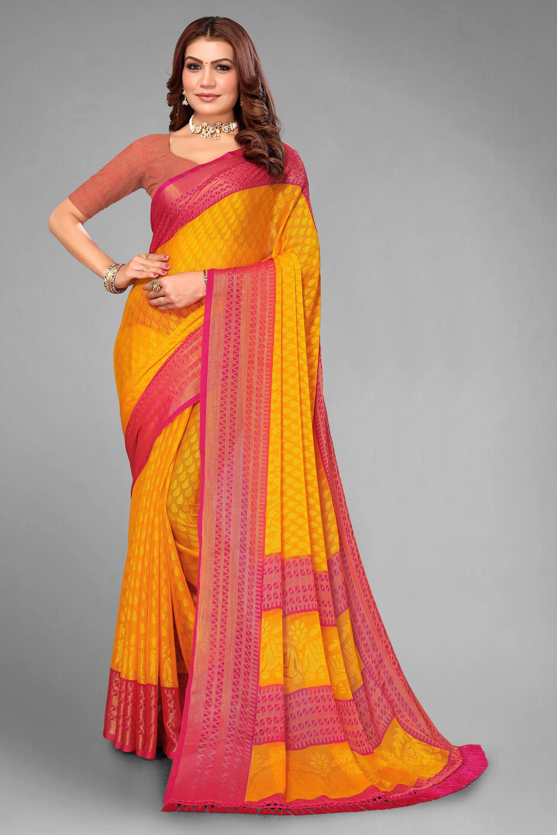 Chiffon Cotton Blend Brasso Yellow Printed Saree with Blouse | Ivaara.