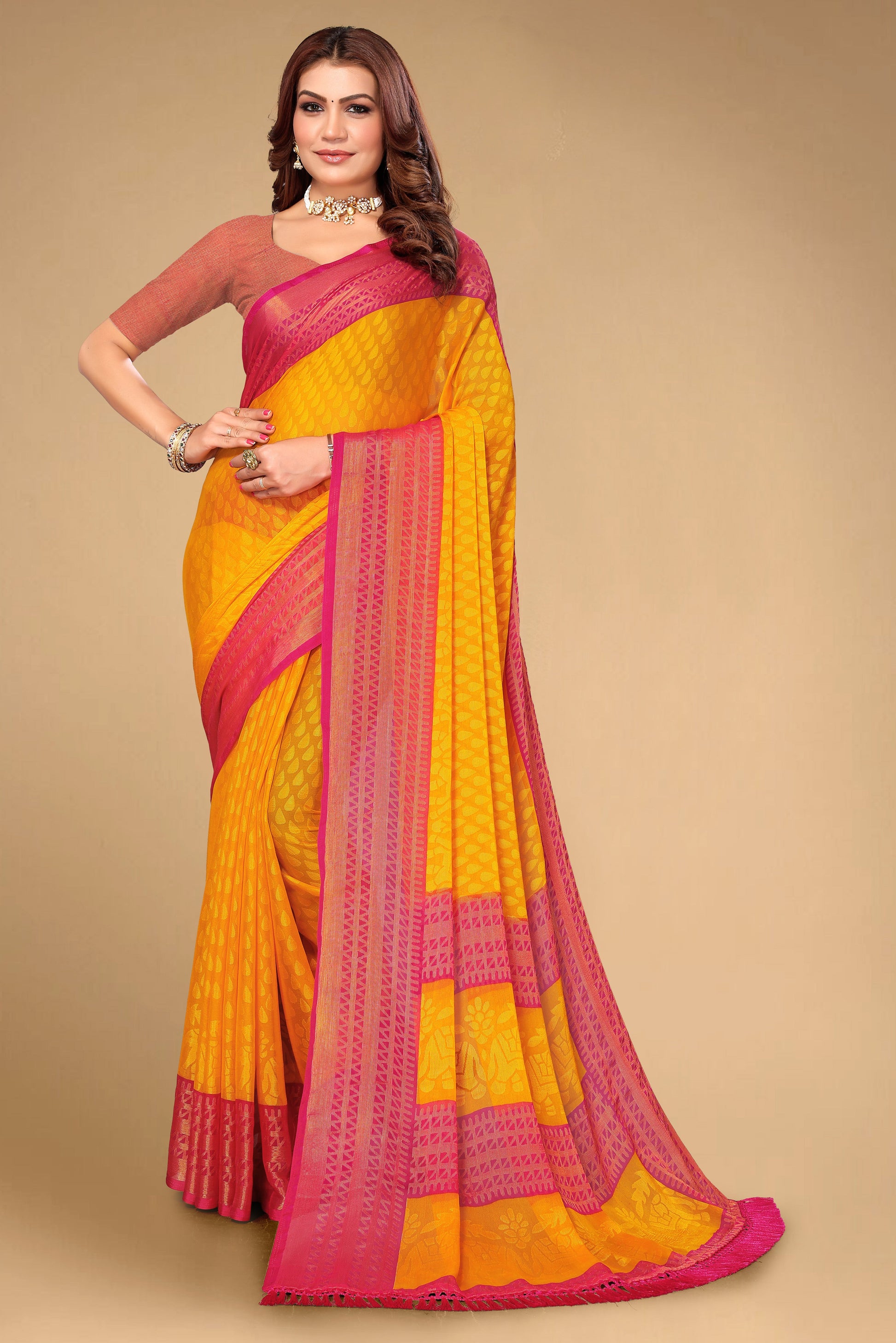 Chiffon Cotton Blend Brasso Yellow Printed Saree with Blouse | Ivaara.