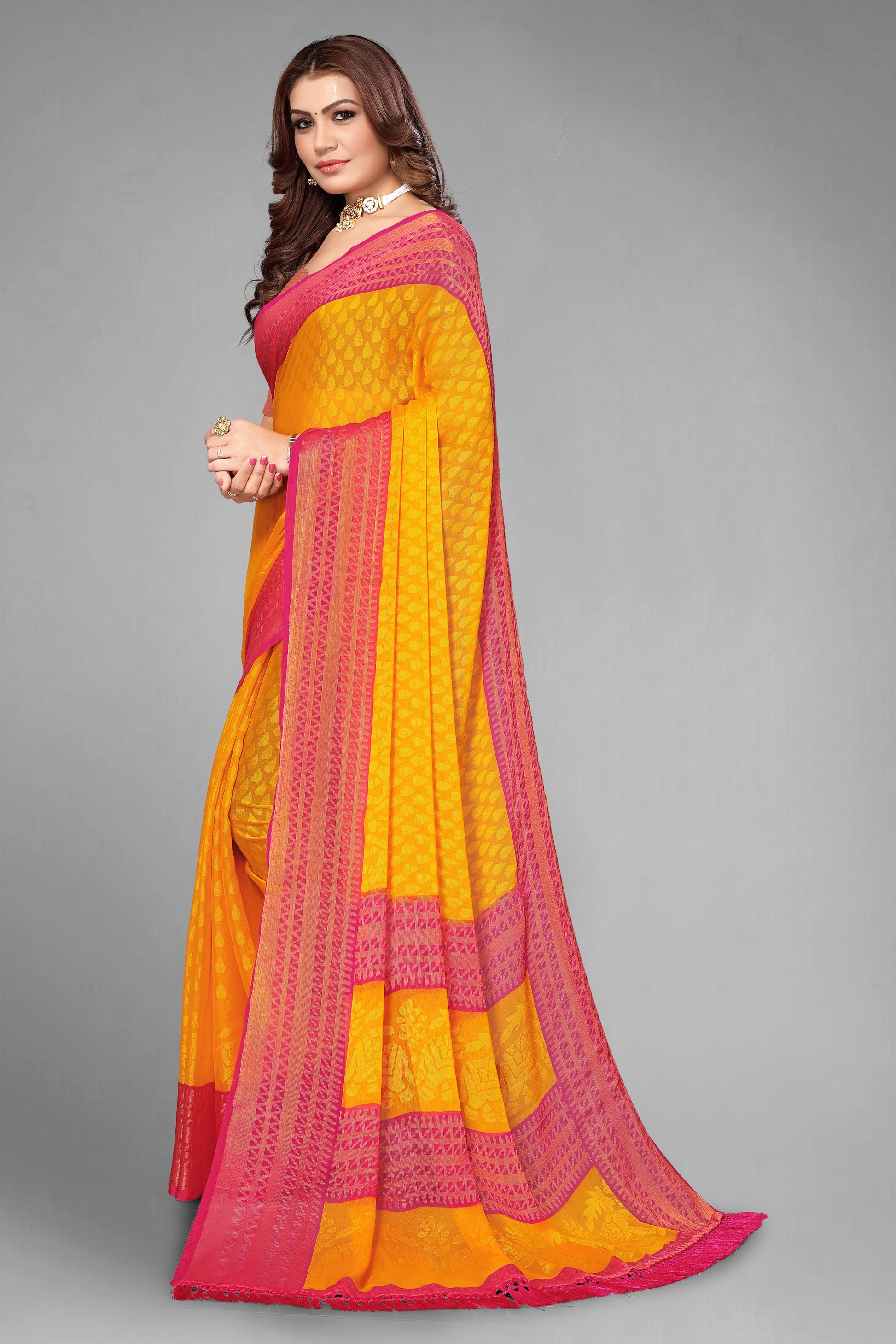 Chiffon Cotton Blend Brasso Yellow Printed Saree with Blouse | Ivaara.