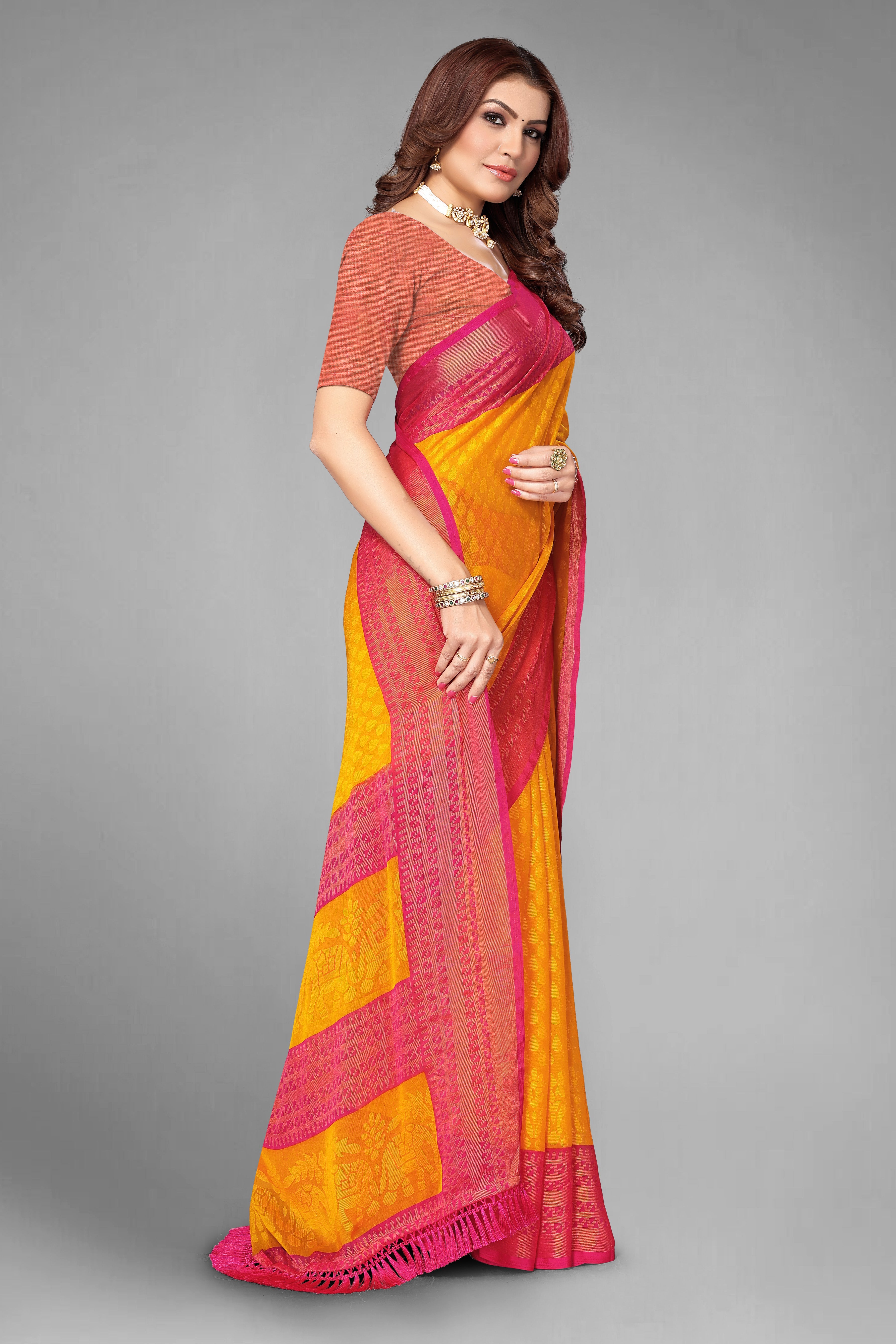 Chiffon Cotton Blend Brasso Yellow Printed Saree with Blouse | Ivaara.