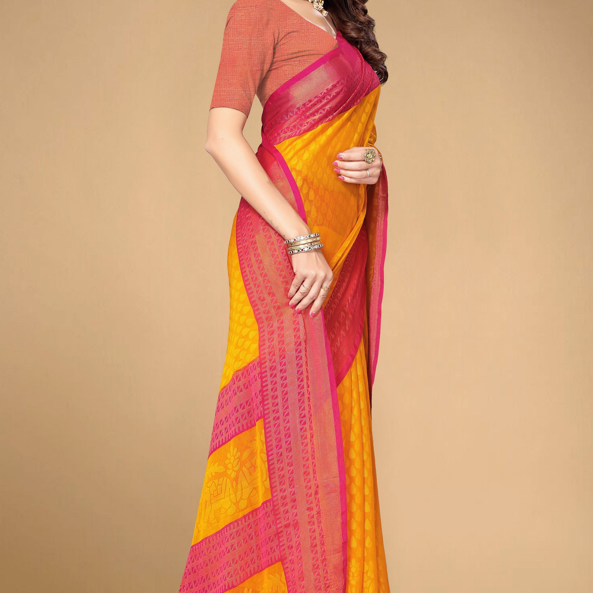 Chiffon Cotton Blend Brasso Yellow Printed Saree with Blouse | Ivaara.