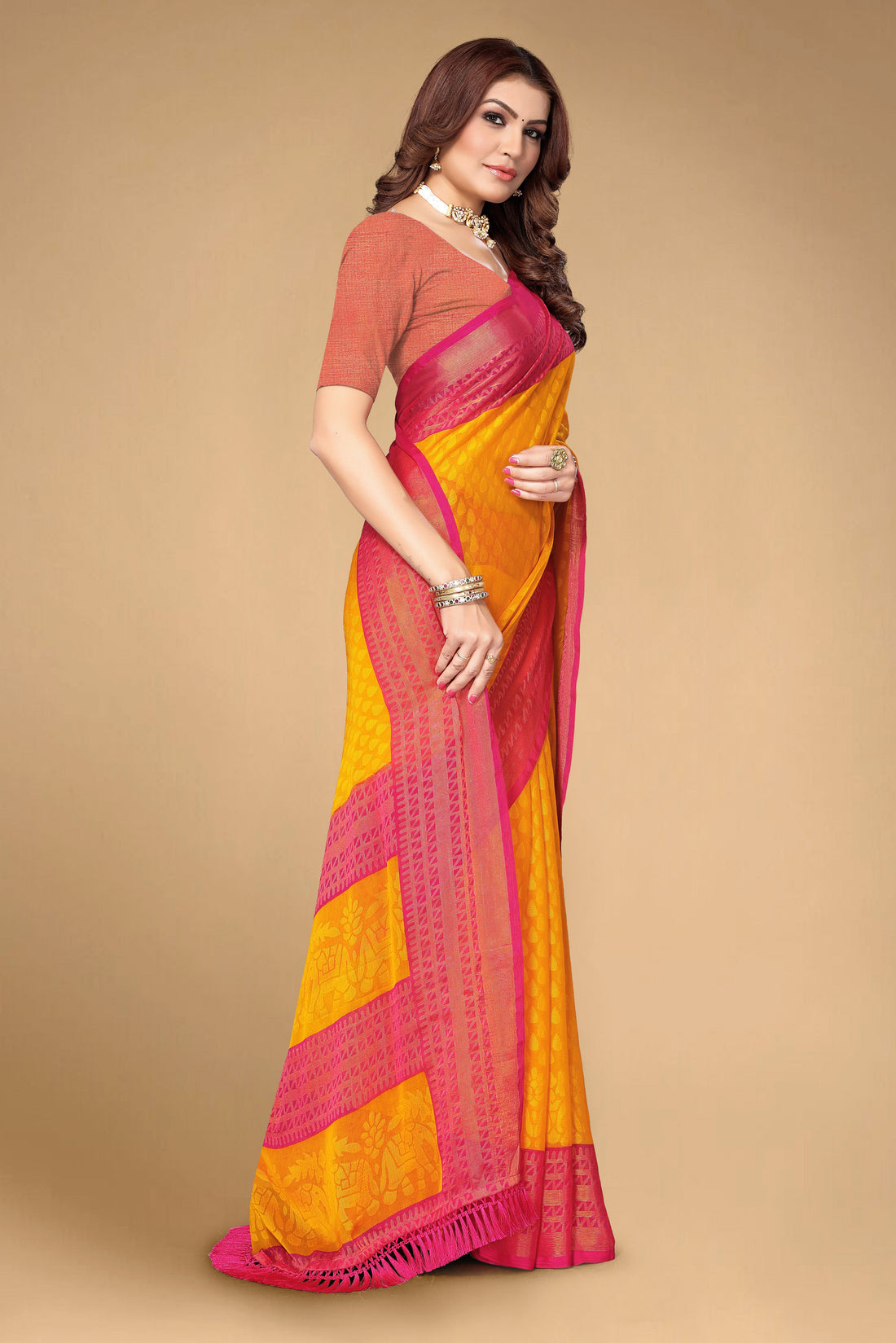 Chiffon Cotton Blend Brasso Yellow Printed Saree with Blouse | Ivaara.