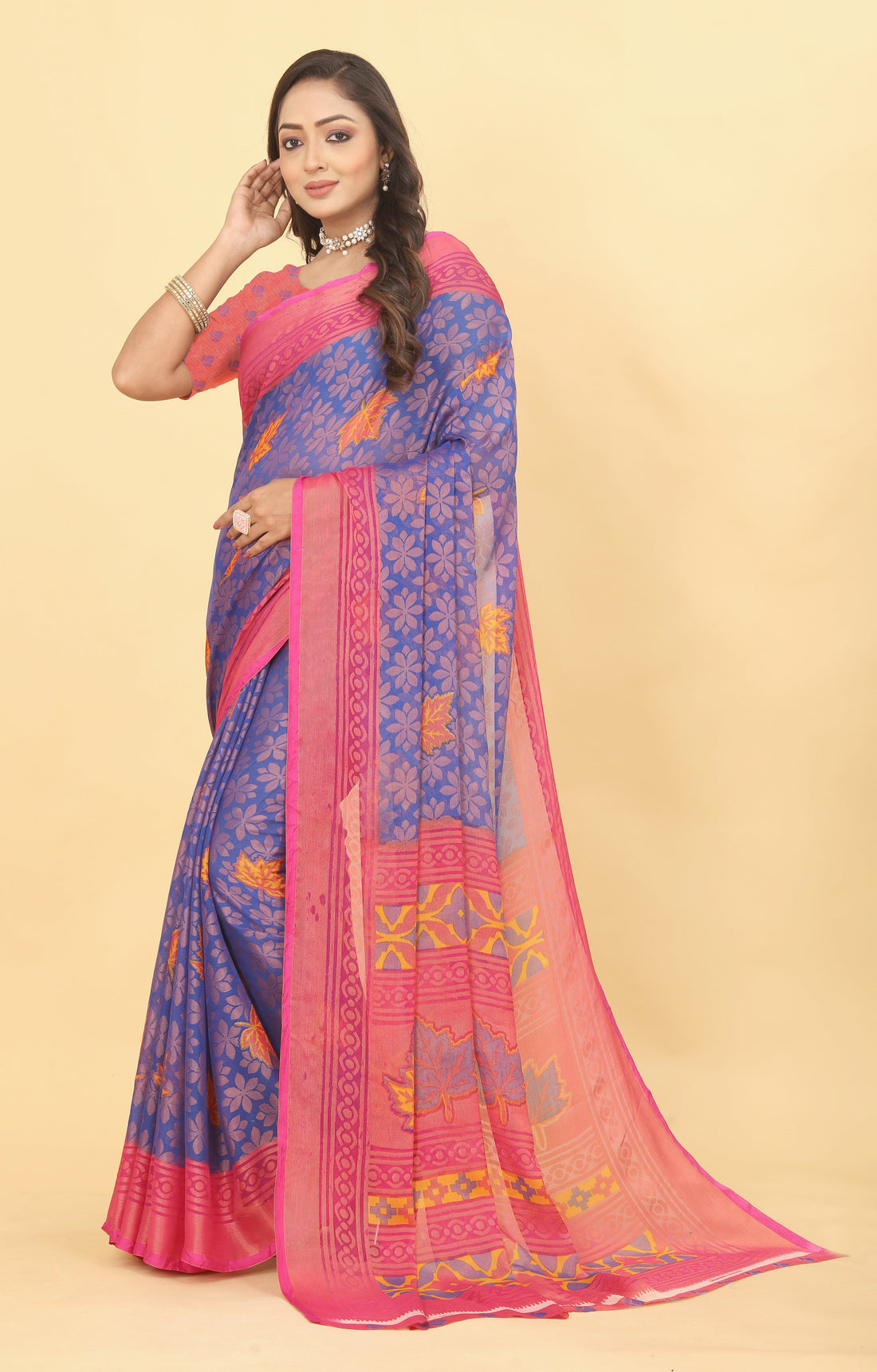 Chiffon Brasso Pink Printed Saree with Blouse – Lightweight & Festive | Ivaara.