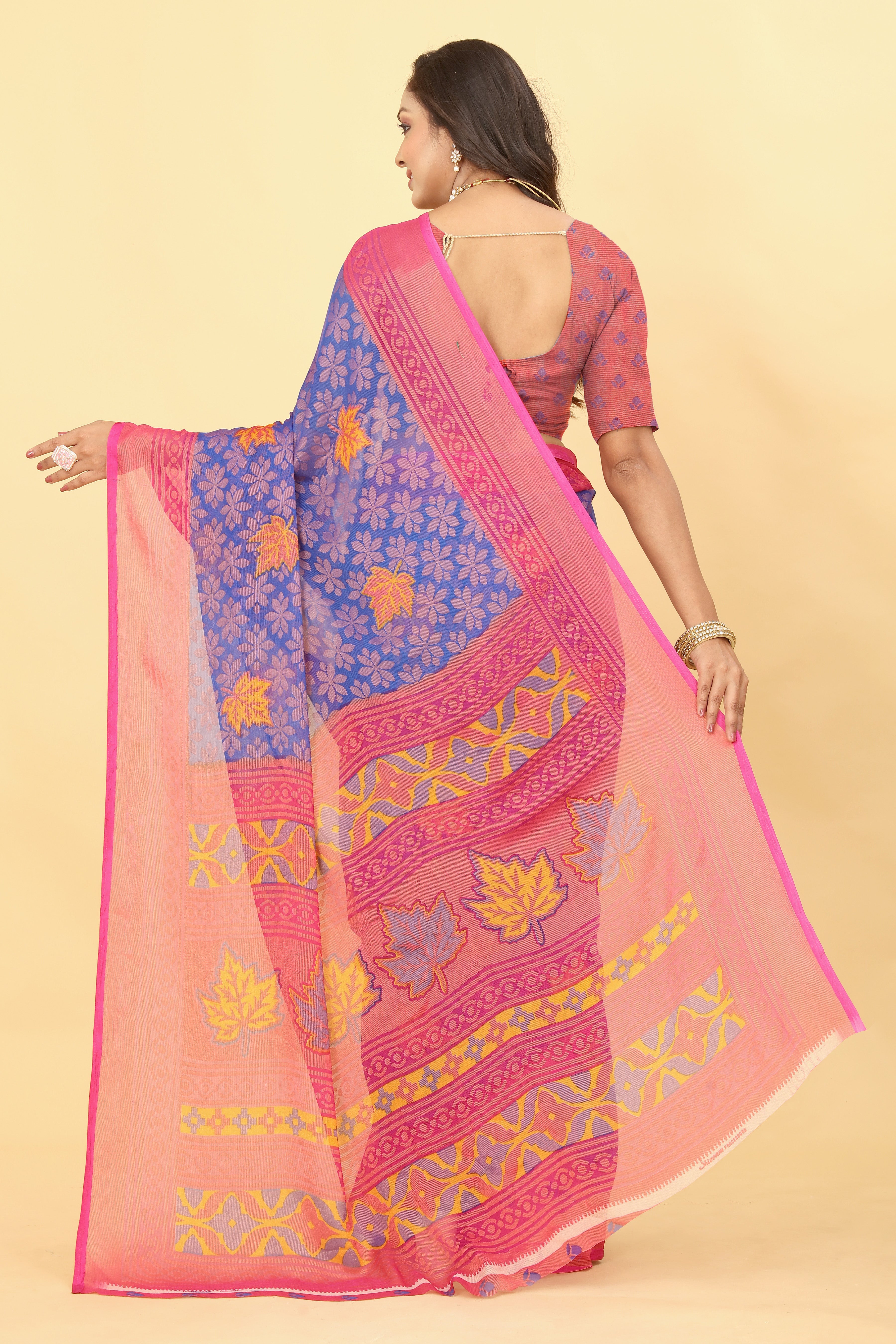 Chiffon Brasso Pink Printed Saree with Blouse – Lightweight & Festive | Ivaara.