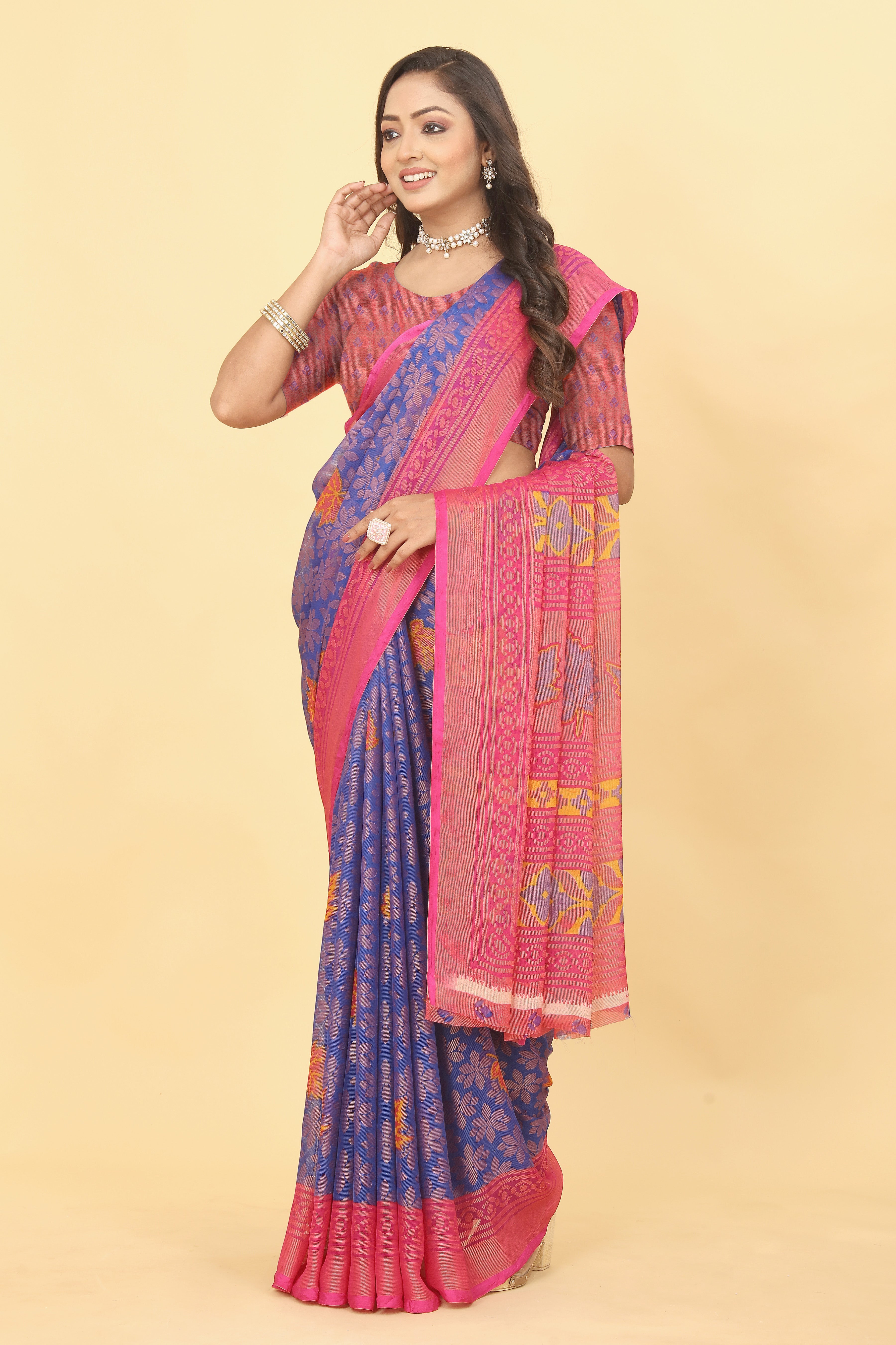 Chiffon Brasso Pink Printed Saree with Blouse – Lightweight & Festive | Ivaara.