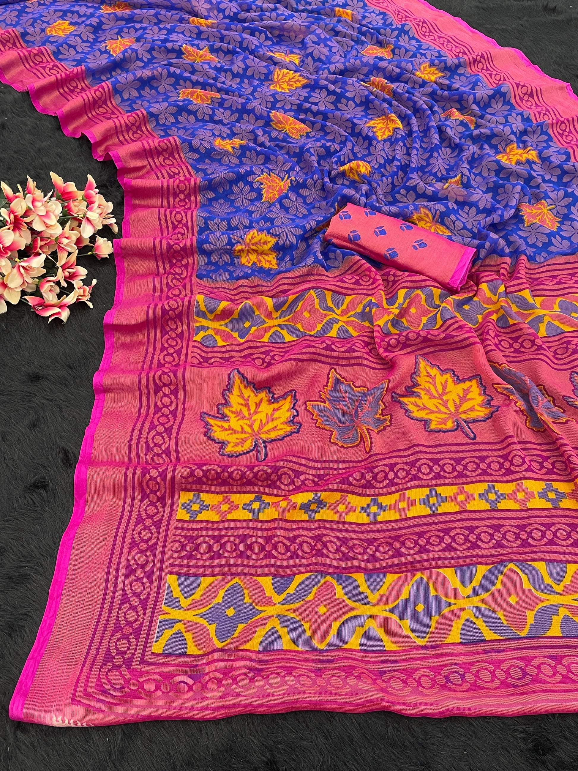 Chiffon Brasso Pink Printed Saree with Blouse – Lightweight & Festive | Ivaara.