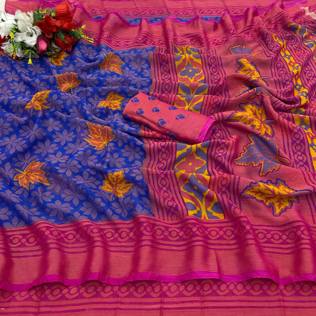 Chiffon Brasso Pink Printed Saree with Blouse – Lightweight & Festive | Ivaara.