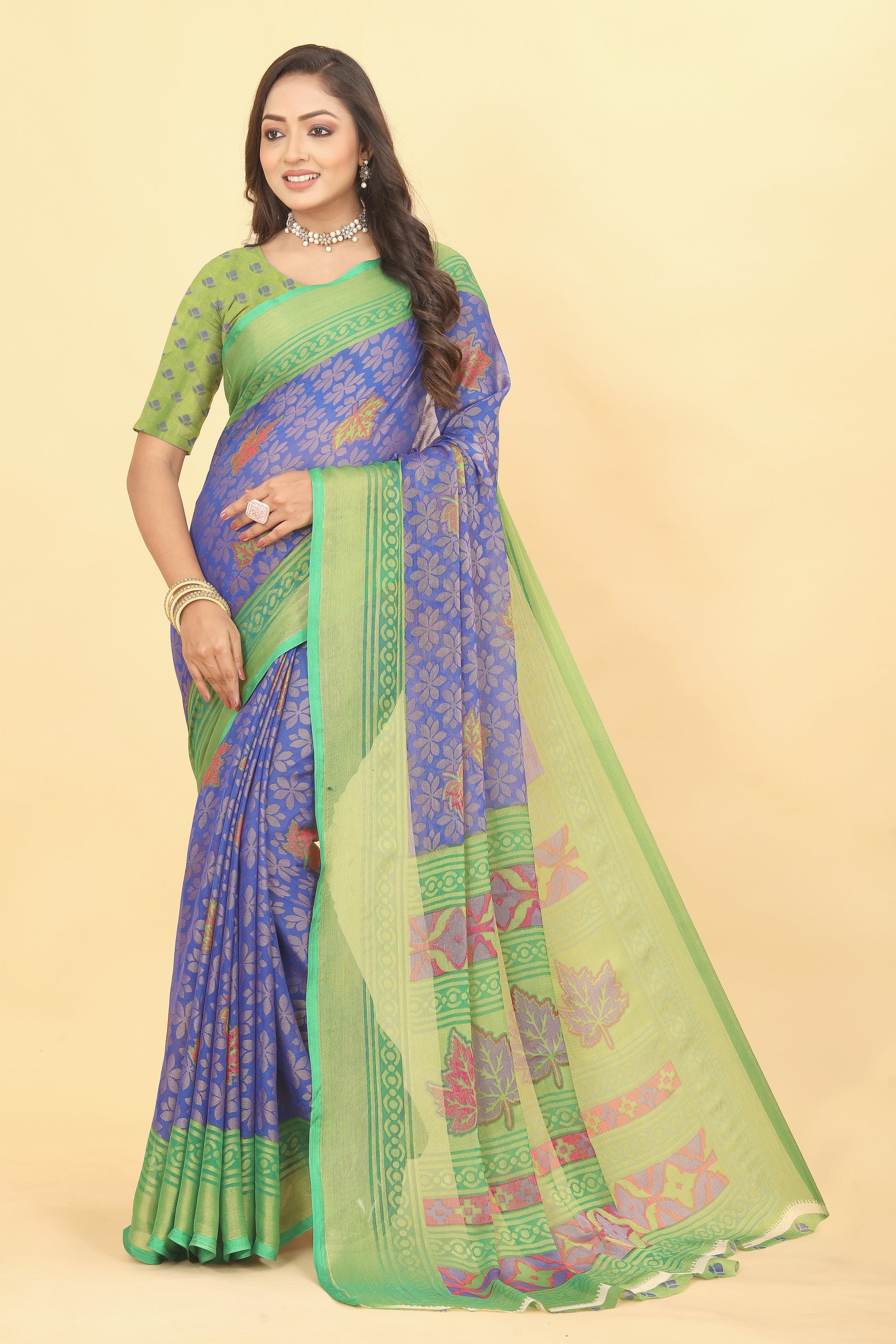 Chiffon Brasso Green Printed Saree with Blouse – Lightweight & Festive | Ivaara.