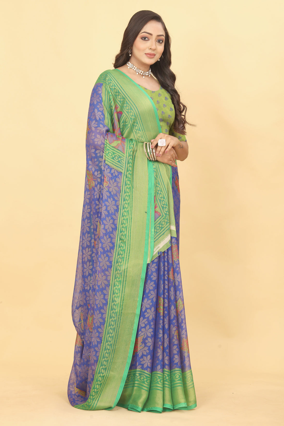 Chiffon Brasso Green Printed Saree with Blouse – Lightweight & Festive | Ivaara.