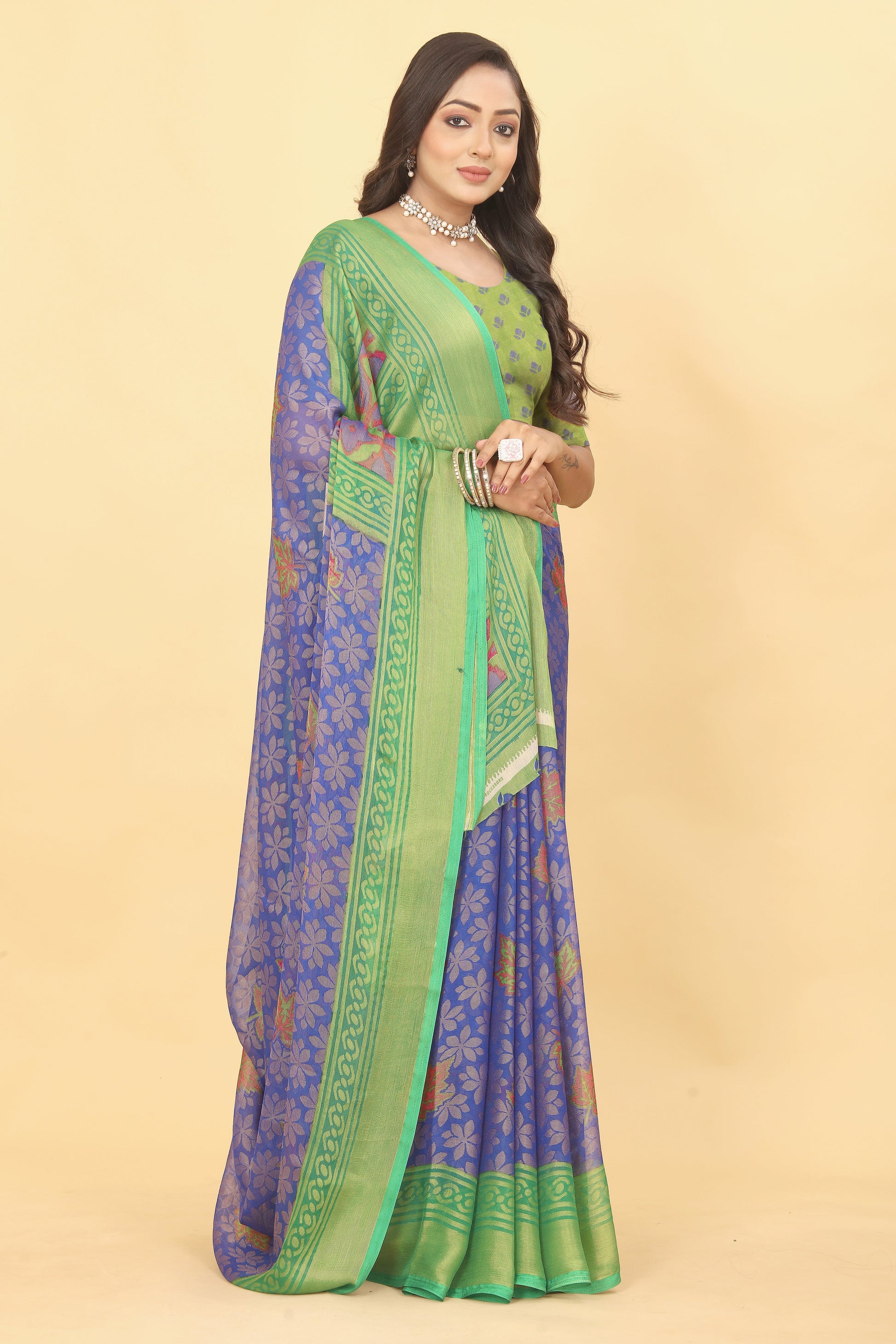 Chiffon Brasso Green Printed Saree with Blouse – Lightweight & Festive | Ivaara.