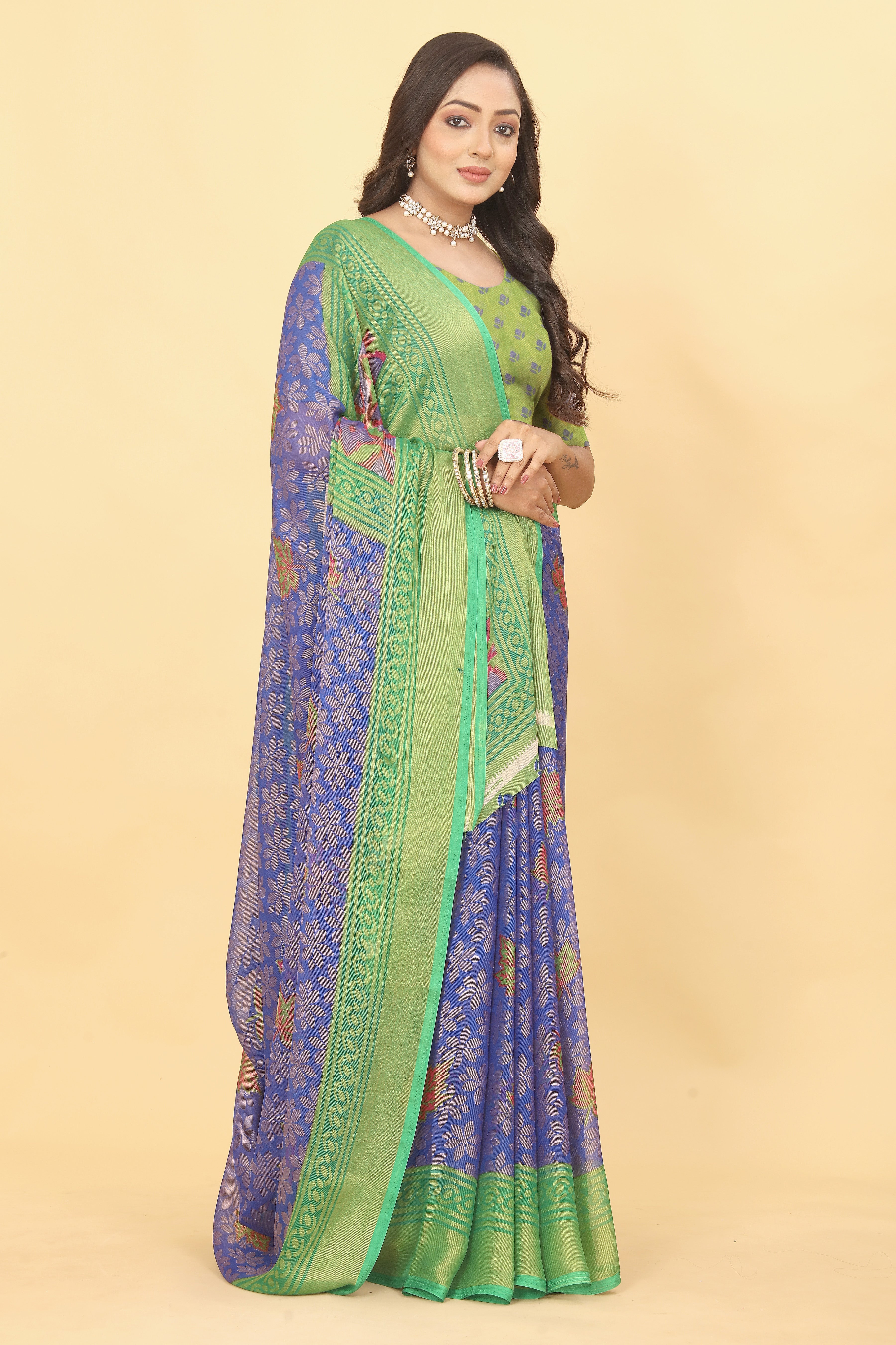 Chiffon Brasso Green Printed Saree with Blouse – Lightweight & Festive | Ivaara.