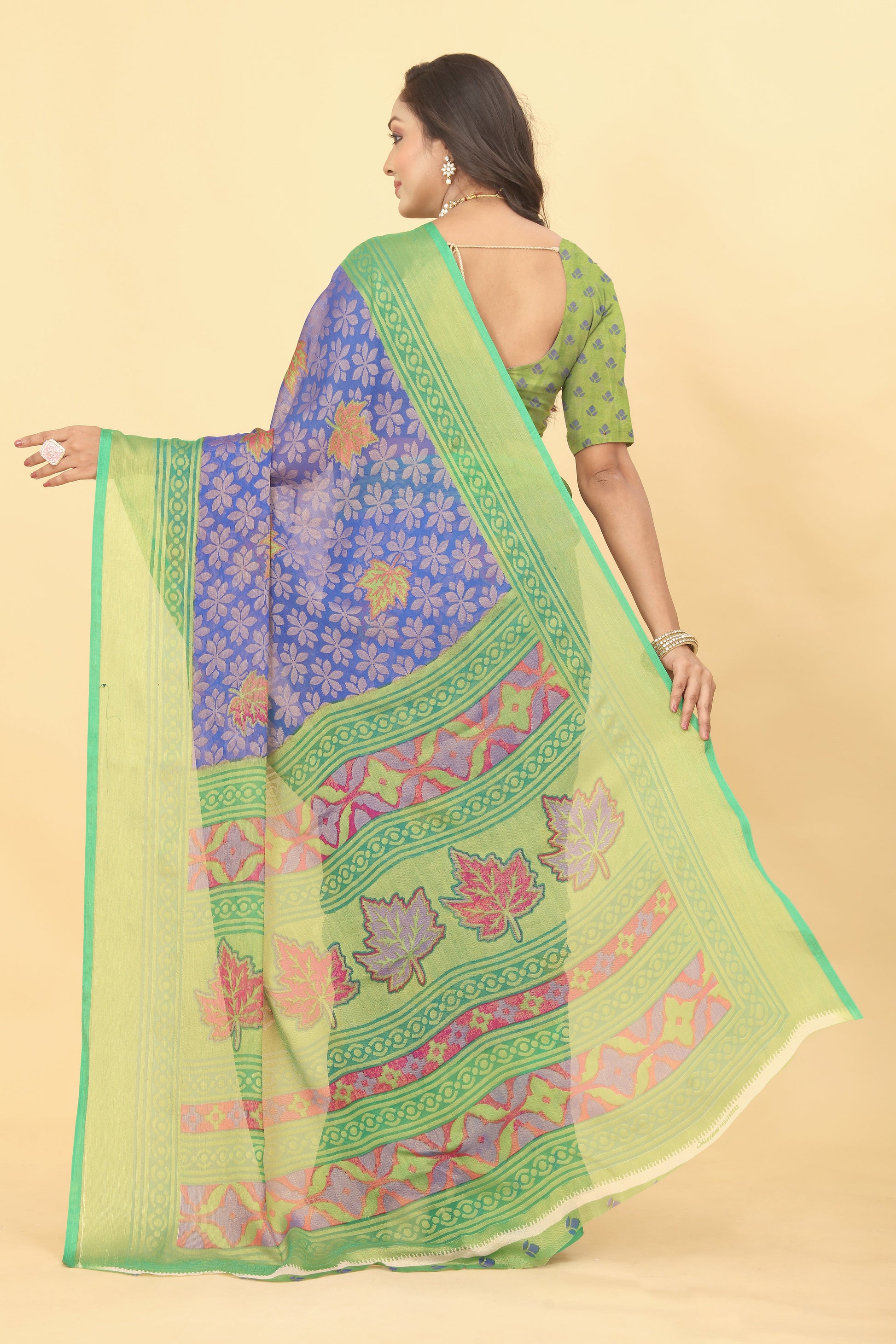 Chiffon Brasso Green Printed Saree with Blouse – Lightweight & Festive | Ivaara.