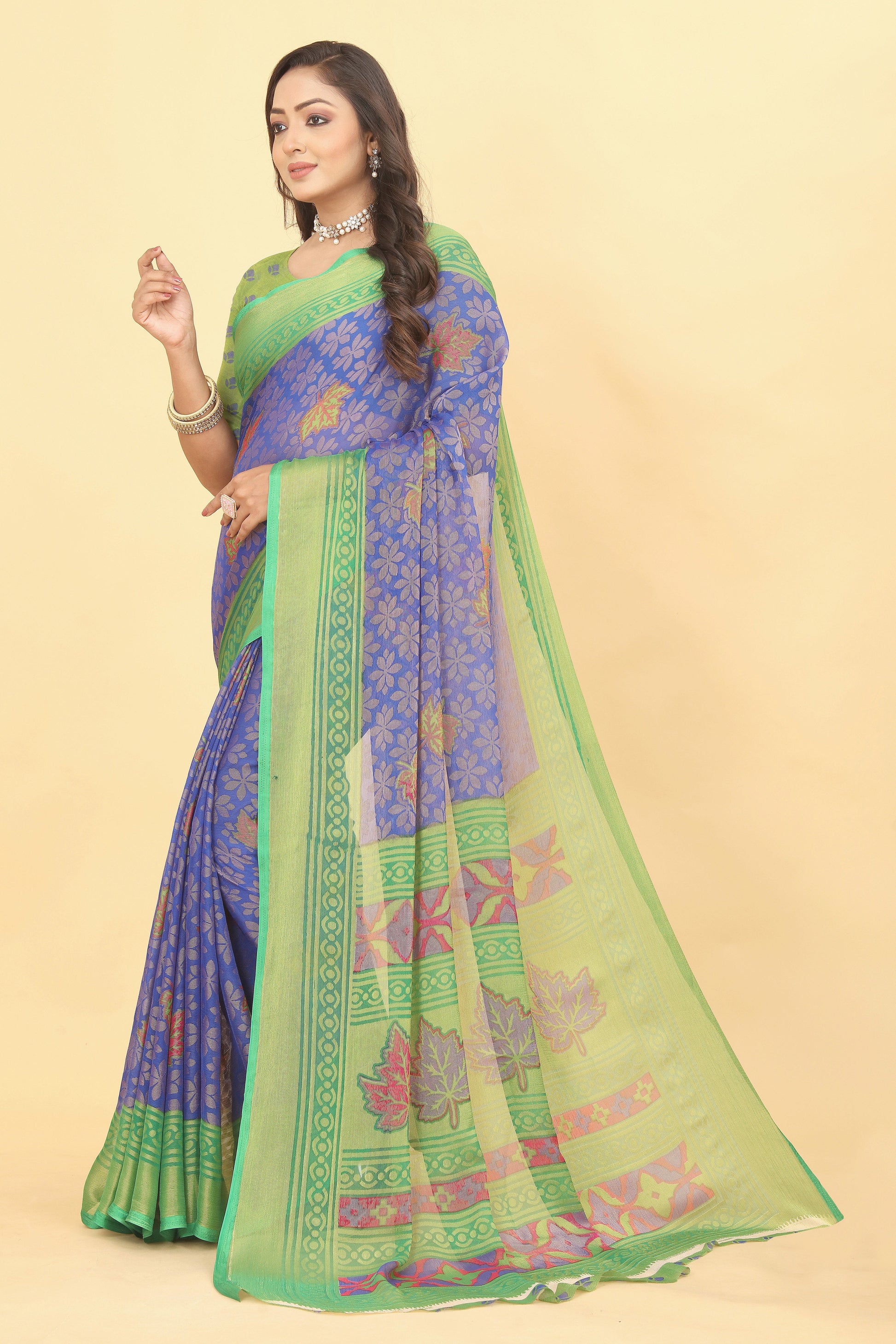 Chiffon Brasso Green Printed Saree with Blouse – Lightweight & Festive | Ivaara.